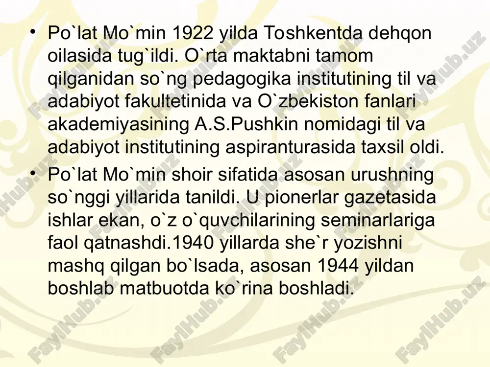 so`zlashadi” (1988), kabi qator to`plamlari uning o`ziga xos ovozga ega talantli shoir ekanligidan dalolat beradi. mazkur to`plamlaridagi she`r va qo`shiqlarida shoir zamonamizning baxtli bolalar hayotidan jonli lavhalar chizib ko`rsatadi. po`lat mo`min o`zining lirik she`rlari, dilrabo qo`shiqlari, ajoyib ertak va dostonlari, sahna asarlari bilan elga tanildi. u shu kunlarda ham serqirra ijodi bilan bolalar adabiyoti taraqqiyotiga o`z xissasini qo`shib kelmoqda. xususan, odob, axloq mavzui shoir ijodidan asosiy o`rin olgan. po`lat mo`minning ijodiy jixatdan tinmay o`sayotganligi g`oyat quvonchlidir. po`lat mo`min ijodining fazilatlaridan yana biri shundaki, u o`lkamizning go`zal tabiatini, kichkintoy zamondoshlarimizning qaxramonona mehnat zafarlarini, ularning his-hayajonini, ichki olamini ishonarli vat a`sirli qilib ifodalashga ko`rinadi. po`lat mo`minning ijodi ham kattalar ham, bolalar uchun ham mos keladi, shuning uchun ham uning qiymati balanddir. po`lat mo`min bolalarning qo`shiqchi shoir sifatida o`z o`rniga, ovoziga ega. aytish mumkinki, po`lat mo`min bolalarning qo`shiqchi shoiri sifatida o`z o`rniga, ovoziga ega aytish mumkinki, po`lat mo`min bolalarning qo`shiqchi shoiri sifatida o`z …