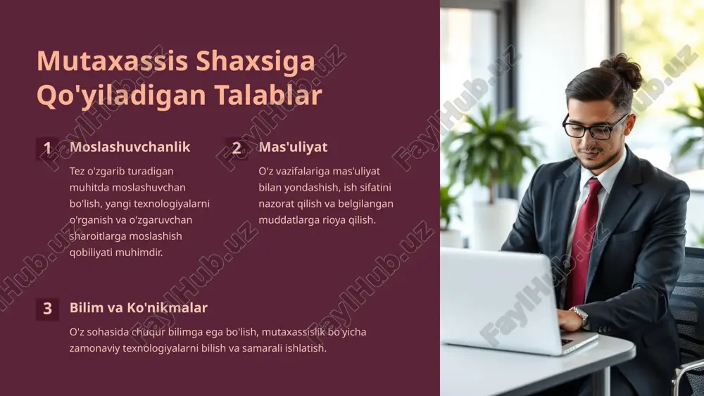 rqali muloqotni olib borish. 5 mutaxassisning stress bilan kurashish usullari stressni boshqarish texnikalari nafa olish mashqlari, meditatsiya, yoga salomatlik to'g'ri ovqatlanish, muntazam jismoniy mashqlar, yetarli uyqu bo'sh vaqt sevimli mashg'ulotlar, dam olish, tabiat bilan birlashish 6 mutaxassisning kasb etikasiga rioya qilishi halollik o'z ishida halollikni saqlash, axloqiy qoidalarga rioya qilish. ishonch o'z hamkasblariga va mijozlariga nisbatan ishonchli bo'lish, va'dalarini bajarish. mas'uliyat o'z harakatlari va qarorlari uchun javobgarlikni o'z zimmasiga olish. 7 mutaxassisning jamoa ichida samarali ishlash ko'nikmasi hamkorlik jamoa a'zolari bilan birgalikda ishlash, o'zaro yordam berish va birgalikda muammolarni hal qilish. muloqot o'zaro fikr almashish, o'zaro tushunish va jamoa a'zolari bilan samarali muloqot qilish. hurmat jamoa a'zolari fikrlarini hurmat qilish, o'zaro ishonch va hurmat munosabatlarini shakllantirish. 8 mutaxassisning uzoq muddatli maqsadlarga intilishi 1 rejalashtirish uzoq muddatli maqsadlarni belgilash, ularga erishish uchun strategiya ishlab chiqish. 2 harakatlar maqsadlarga erishish uchun muntazam harakat qilish, o'z ustida ishlash va o'zini rivojlantirish. 3 motivatsiya …