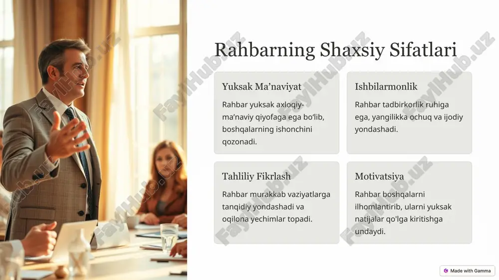 on g'oyalarni qo'llaydi. 2 ijodkorlik rahbar tashabbuskorlik ko'rsatadi, muammolarni hal etishda noan'anaviy yechimlar topadi. 3 rivojlanish rahbar doimiy o'zini rivojlantirish, bilim va ko'nikmalarini takomillashtirish ustida ishlaydi. 6 rahbarning innovatsion faoliyati g'oyalarni amaliyotga tatbiq etish rahbar yangi g'oyalarni jamoaga taqdim etadi va ularni hayotga tatbiq etish uchun sharoit yaratadi. tashkilotni rivojlantirish rahbar tashkilotning innovatsion faoliyatini yo'lga qo'yadi va uni doimiy rivojlantirib boradi. raqobatbardoshlikni oshirish rahbar innovative yechimlar orqali tashkilotning raqobatbardoshligini oshiradi va afzalliklarini ta'minlaydi. 7 rahbarning integratsiya va guruhni boshqarish ko'nikmasi jamoaviy hayot rahbar jamoani birlashtirib, hamkorlikdagi faoliyatni samarali tashkil etadi. muammolarni hal qilish rahbar jamoa oldida turgan muammolarni yechish uchun hamkorlikda faoliyat yuritadi. qadriyatlarni shakllantirish rahbar jamoa a'zolarida yuksak ma'naviy-axloqiy qadriyatlarni shakllantiradi. 8 rahbarda rivojlanishi lozim bo'lgan yangi sifatlar 1 raqamli savodxonlik rahbar innovatsion texnologiyalar va raqamli platformalardan samarali foydalanish qobiliyatiga ega bo'lishi lozim. 2 qiyinchiliklarga bardosh berish rahbar qiyinchiliklarga bardosh berib, ularga ijobiy munosabatda bo'lishi kerak. 3 globallik va …
