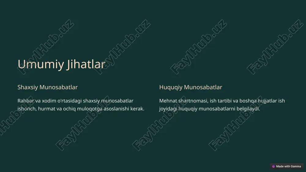 arini tinglashi kerak. 3 yordam va qo'llab-quvvatlash rahbar xodimlarni muammolarni hal qilishda yordam berishi va ularni qo'llab-quvvatlashi kerak. 4 tanqid va maqtov rahbar tanqid va maqtovni konstruktiv va professional tarzda amalga oshirishi kerak. 6 kelishmovchiliklar va ularni hal etish 1 ochiq muloqot muammoni ochiq va to'g'ri muhokama qilish. 2 yechimlarni izlash ikkala tomon uchun maqbul yechimlarni topish. 3 kelishuv kelishilgan yechimni amalga oshirish. 7 ijobiy munosabatlar: afzalliklari 1 ish samaradorligi ishonch va hurmatga asoslangan munosabatlar ish samaradorligini oshiradi. 2 xodimlarni saqlab qolish ijobiy ish joyi xodimlarni saqlab qolishga yordam beradi. 3 yangi g'oyalar ochiq muloqot xodimlardan yangi g'oyalarni olishga imkon beradi. 8 kadrlar siyosati va ta'siri 1 tanlash kadrlar siyosati xodimlarni tanlash jarayonini boshqaradi. 2 o'qitish kadrlar siyosati xodimlarni o'qitish va rivojlantirishni ta'minlaydi. 3 baholash kadrlar siyosati xodimlarning ish samaradorligini baholashni belgilaydi. 9 xulosalar va tavsiyalar rahbar va xodim o'rtasidagi munosabatlar muvaffaqiyatli biznesni rivojlantirishda muhim rol o'ynaydi. o'zaro hurmat, ochiq …