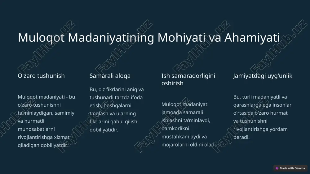 iyatini rivojlantirishning tashkiliy-pedagogik shart-sharoitlari 1 o'quv dasturlarini takomillashtirish muloqot madaniyatini shakllantirishga qaratilgan o'quv dasturlarini yaratish va takomillashtirish kerak. 2 o'qituvchilarning malakasini oshirish o'qituvchilarga muloqot madaniyati bo'yicha o'qitish va ularning malakasini oshirish muhim. 3 o'quvchilar uchun qo'shimcha imkoniyatlar o'quvchilarga muloqot madaniyatini rivojlantirish uchun turli tadbirlar, seminarlar va mashg'ulotlarni tashkil etish kerak. 5 muloqot madaniyatini shakllantirish jarayonidagi o'zaro ta'sir mexanizmlari tinglash boshqalarni tinglash va ularning fikrlarini qabul qilish qobiliyati muhimdir. o'zaro tushunish muloqotning maqsadini tushunish va boshqalarni qoniqtirishga harakat qilish kerak. fikr almashish o'z fikrlarini aniq va tushunarli tarzda ifoda etish va boshqalar bilan fikr almashish kerak. hamkorlik jamoada ishlash, boshqalar bilan birgalikda muammolarni hal qilishga tayyor bo'lish muhim. 6 muloqot madaniyatini rivojlantirish boʻyicha amaliy taklif va tavsiyalar o'z-o'zini rivojlantirish kitoblar o'qish, seminarlarga qatnashish, muloqot bo'yicha mashg'ulotlar o'tkazish. muloqot qobiliyatlarini amalda qo'llash turli vaziyatlarda muloqot qilish, boshqalar bilan suhbatlashish imkoniyatlaridan foydalanish. o'zaro hamkorlik jamoada ishlash, boshqalar bilan birgalikda loyihalarni amalga oshirish, fikr …