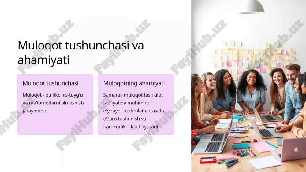 i hisobga olish madaniy tafovutlar har bir madaniyatning o'ziga xos muloqot an'analari mavjud. xurmat va qabul qilish har bir xodimning milliy va madaniy xususiyatlariga hurmat bilan qaralishi kerak. moslashuvchanlik tashkilotlar o'z xodimlariga moslashishi va ularning muloqot uslublarini qabul qilishi muhim. 8 boshqaruvda muloqot usullarining afzalliklari samarali qaror qabul qilish muloqot orqali tashkilot rahbariyati xodimlarning fikrlarini to'g'ri baholash va samarali qarorlar qabul qila oladi. motivatsiya va jipslashish ochiq va samarali muloqot xodimlarning motivatsiyasini oshiradi va tashkilotda jipslik yaratadi. muammolarni hal qilish samarali muloqot orqali xodimlar boshqalar bilan hamkorlik qilib, muammolarni tezroq hal qila oladilar. 9 xulosa va tavsiyalar 1 tashkilotlar uchun muhim muloqot boshqaruv samaradorligini oshirishning asosiy omillaridan biri hisoblanadi. 2 muloqot turlari rasmiy, norasmiy va ichki muloqot shakllari tizimli yondashuvni talab qiladi. 3 samarali muloqot samimiylik, aktiv eshitish, savol berish va milliy xususiyatlarga e'tibor muloqotni yaxshilaydi. 10 image-1002-1.png image-1002-2.png image-1-1.png image-1-2.png image-1003-1.png image-1003-2.png image-2-1.png image-1004-1.png image-1004-2.png image-3-1.png image-1005-1.png image-1005-2.png image-1006-1.png …