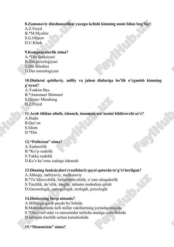 m” nima? a.xudosizlik b.*ko’p xudolik s.yakka xudolik d.ko’r-ko’rona xudoga ishonish 13.dinning funksiyalari (vazifalari) qaysi qatorda to’g’ri berilgan? a.ahloqiy, tarbiyaviy, mafkuraviy b.*to’ldiruvchilik, birlashtiruvchilik, o’zaro aloqadorlik s.tinchlik, do’stlik, tenglik, tabiatni muhofaza qilish d.gnoseologik, antropologik, teologik, psixologik 14.dinlarning farqi nimada? a.millatiga qarab paydo bo’lishida b.mamlakatlarda turli millat vakillarining joylashganligida s.*diniy urf-odat va marosimlar turlicha amalga oshirilishida d.jahonda tinchlik uchun kurashishida 15.“monoteizm” nima? a.xudosizlik b.ko’p xudolik s.*yakka xudolik d.ko’r-ko’rona xudoga ishonish 16.dinning dindorlar hayotini tartibga solishi nima deyiladi? a.*regulyativlik b.integrativlik s.sixronizm d.shariat qoidalari 17.dinda “ligimtivlovchilik” tushunchasi nimani anglatadi? a.*qonuniylashtiruvchi b.ilohiylashtirish s.hayotga tadbiq etish d.munozarali,bahsli 18.mishna va gemara (ya’ni, galaxa – yahudiy dini qonunlari)ni jamlagan manba qaysi? a.tavrot b.injil s.zabur d.*talmud 19.iuadizm dinining bosh xudosi va payg’ambari kimlar sanaladi? a.*xudo yaxve va muso b.xudo axriman va iso s.iso va uning shogirdlari d.dovud va iso payg’ambar 20.yahudiylar pasxani nima sharafiga bayram qiladi? a.*misrdagi qullikdan ozod bo’lganliklariga b.muso tavalludiga s.musoga vahiy tushganiga d.davlatchilikka erishganiga 21.ibriy so’zining ma’nosi …