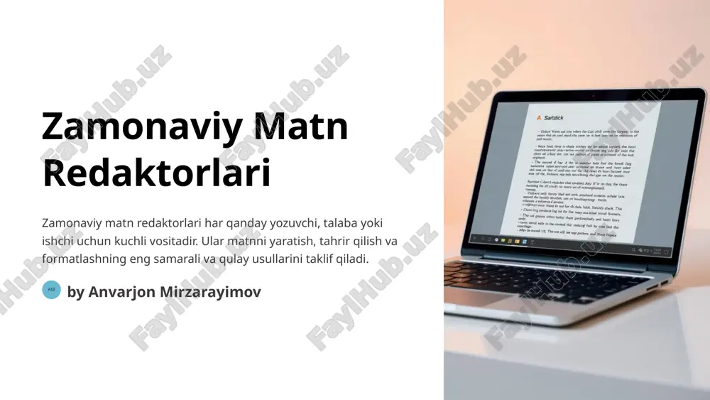 ifalarni aylantirish yuqoriga, pastga, chapga yoki o'ngga sahifalarni aylantirish. 3 qidiruv natijalariga o'tish qidiruv natijalariga tez va osonlik bilan o'tish. 4 markirovkalarni qo'llash muhim qismlarni markirovkalash va ularga tezkor kirish. ko'p xonanli matn bilan ishlash ko'p xonalar bir vaqtning o'zida bir nechta matn hujjatlarini ochish va ular orasida o'tish. hujjatlarni guruhlash hujjatlarni guruhlash va ularni alohida oynalarda ochish. hujjatlarni taqqoslash ikki yoki undan ko'p hujjatlarni taqqoslash va farqlarni aniqlash. matn bilan birgalikda rasmlar va jadvallar bilan ishlash rasmlarni kiritish hujjatga turli formatdagi rasmlarni qo'shish. jadvallarni yaratish ma'lumotlarni tashkil qilish va taqdim etish uchun jadvallarni qo'shish. diagramma va grafiklar hujjatga turli xil diagramma va grafiklarni qo'shish. matnni tahrir qilish va nazorat qilish uchun vositalar imlo tekshiruvi matn ichida imlo xatolarini topish va ularni tuzatish. grammatika tekshiruvi matn ichida grammatika xatolarini topish va ularni tuzatish. matnni tahlil qilish matnni tahlil qilish va uning o'qilishi, so'zlar soni va boshqa parametrlarini ko'rsatish. mobil va …