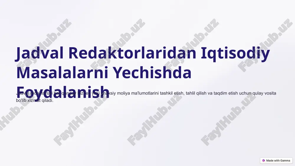 h va trendlarni aniqlash. 2 prognoz modellari turli modellardan foydalanib kelajakdagi holatlarni bashorat qilish. 3 senaryolarni tahlil qilish turli stsenariylarni simulyatsiya qilish va ularning ta'sirini o'rganish. investitsiyalarni taqsimlash va portfelni boshqarish portfel tahlili turli aktivlarning foizini aniqlash va ularning samaradorligini baholash. riskni boshqarish turli aktivlarning risklarini o'rganish va ularni kamaytirish strategiyasini ishlab chiqish. samaradorlikni baholash portfelning samaradorligini baholash va kerakli o'zgarishlarni amalga oshirish. buxgalteriya hisobini yuritishda jadval redaktorlarining roli moliyaviy tranzaktsiyalarni qayd etish xarajatlar, daromadlar, aktivlar va majburiyatlarni yozib borish. balansni hisoblash aktivlar, majburiyatlar va mulk egalarining kapitalini hisoblash. moliyaviy hisobotlarni tayyorlash daromad, balans va pul oqimlari to'g'risida hisobotlarni shakllantirish. karxona miqyosida iqtisodiy masalalar echimlarini bashorat qilish sotishni bashorat qilish jadvallar yordamida sotish hajmini bashorat qilish va biznes rejasini tuzish. foyda va zararni tahlil qilish foyda va zararni bashorat qilish va biznes qarorlarini qabul qilish. xulosa va tavsiyalar jadval redaktorlari biznesda iqtisodiy masalalarni hal qilishda juda foydali vosita hisoblanadi. ular …