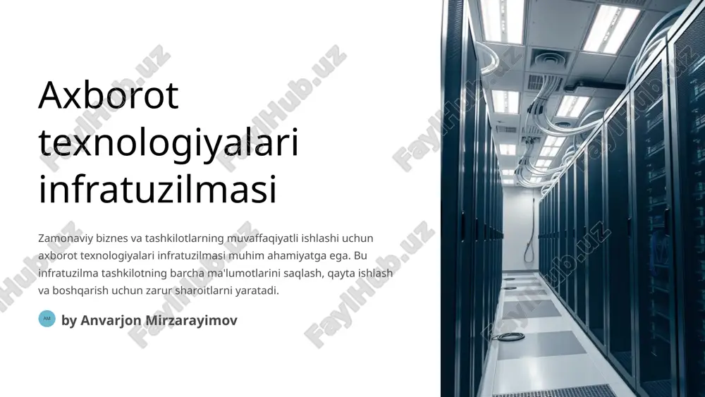 operatsion tizim windows, linux, macos dasturlar microsoft office, adobe photoshop, google chrome ma'lumotlar bazasi mysql, oracle, postgresql xavfsizlik dasturlari kaspersky, norton, bitdefender interfeys va yechimlar foydalanuvchi do'stligi foydalanuvchilar uchun osonlik bilan ishlatiladigan interfeys. bulutli texnologiyalar ma'lumotlarni bulutda saqlash va qayta ishlash. mobil ilovalar har qanday qurilmadan ma'lumotlarga kirish imkoniyati. tarmoq integratsiyasi turli xil tarmoqlar bilan integratsiya. yangi texnologiyalar 1 sun'iy intellekt ma'lumotlar tahlili va avtomatlashtirishni takomillashtirish. 2 blockchain xavfsizlikni kuchaytirish va ma'lumotlarni himoya qilish. 3 internet of things turli xil qurilmalarni tarmoqqa ulash. 4 big data katta hajmdagi ma'lumotlarni tahlil qilish. infratuzilma boshqaruvi 1 rejalashtirish infratuzilma rivojlanishini rejalashtirish. 2 boshqarish infratuzilmaning ishlashini nazorat qilish va boshqarish. 3 xavfsizlik infratuzilma xavfsizligini ta'minlash. 4 yangi texnologiyalar yangi texnologiyalarni qo'llash. xulosa axborot texnologiyalari infratuzilmasi tashkilotning muvaffaqiyati uchun muhimdir. infratuzilma boshqaruvi va xavfsizlik masalalari muhim ahamiyatga ega. zamonaviy texnologiyalardan foydalanish infratuzilmaning samaradorligini oshirishga yordam beradi. image1.png image5.png image6.png image7.png image8.png image9.png image10.png image11.png image12.png …