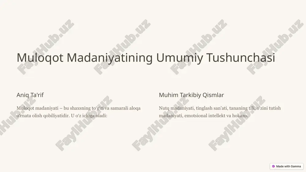 sirchan qiladi. 2 grammatika grammatikaga rioya qilish nutqning aniqligi va tushunarliligini ta'minlaydi. 3 til til normalarini bilish nutq madaniyatining muhim qismi hisoblanadi. 4 o‘zaro aloqa nutq madaniyati shaxsning o‘zaro aloqada o‘zini tutishini belgilaydi. 6 muloqotda etika me'yorlariga rioya qilish zarurati 1 hurmat boshqalarga hurmat bilan munosabatda bo‘lish va ularning fikrlariga e'tibor berish. 2 ochiqlik o‘zaro aloqada ochiqlik va halollik muhimdir, lekin haddan tashqari ochiq bo‘lmang. 3 o‘zini tutish o‘zaro aloqada to‘g‘ri o‘zini tutish, o‘zaro tushunish va muvaffaqiyatli aloqa o‘rnatishga yordam beradi. 7 muloqot madaniyatini rivojlantirishning dolzarb vazifasi 1 globalizatsiya globalizatsiya davrida turli madaniyat vakillari bilan samarali aloqa o‘rnatish muhim. 2 texnologiya texnologiyaning rivojlanishi bilan onlayn muloqotning ahamiyati oshmoqda. 3 jamiyat rivoji muloqot madaniyati jamiyatning rivojlanishi, tinchlik va barqarorlikka hissa qo‘shadi. 8 muloqot mahoratini takomillashtirish usullari kitob o‘qish adabiyot asarlarini o‘qish lug‘at boyligini kengaytiradi va nutq madaniyatini oshiradi. mashqlar muloqot ko‘nikmalarini rivojlantirish uchun muntazam mashq qilish kerak. tushunchalarni o‘rganish muloqotda to‘g‘ri …