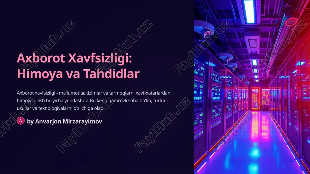 xavfsizlik ongi xodimlarning axborot xavfsizligi bo'yicha ongini oshirish va ma'lumotlarni to'g'ri ishlashlarini ta'minlash. monitoring va boshqaruv monitoringi axborot xavfsizligi holati va xodimlar faoliyatini doimiy kuzatib borish. tahlil va qaror taxlil qilish va aniqlangan muammolarga tezkor javob choralarini ko'rish. davomiy yaxshilash xavfsizlik takrorlanuvchan jarayon bo'lib, muntazam yangilanishni talab etadi. favqulodda holatlar 1 nosozliklar tizimlar ishdan chiqishi yoki buzilishi kabi nohush holatlar. 2 hujumlar kiberhujumlar, xodimlarning xato harakatlari kabi tahdidlar. 3 soxtalashtirishlar ma'lumotlarning maxfiyligini va yaxlitligini buzish bilan bog'liq holatlar. qonunchilik va normativlar milliy qonunchilik axborot xavfsizligi bo'yicha milliy qonunlar va normativlar xalqaro standartlar iso 27001, pci dss, hipaa kabi xalqaro standartlar sohaviy talablar moliya, sog'liqni saqlash, aloqa kabi sohalarning o'ziga xos talablari xulosa: yaxlit yondashuv 1 kompleks yondashuv texnologik, tashkiliy va insoniy omillarni bir-biri bilan uyg'unlashtirib, samarali axborot xavfsizligini ta'minlash. 2 davomiy takomillashish axborot xavfsizligi tizimini doimiy monitoring qilish, yangilash va takomillashtirish. 3 yaxlit yondashuv barcha jihatlarni birgalikda hisobga olib, yaxlit …