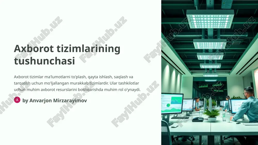 arining asosiy ma'lumotlari: foydalanuvchilar, biznes jarayonlari, moliyaviy ko'rsatkichlar va boshqalar. axborot tizimlarining tashkiliy tuzilmasi boshqaruvchi axborot tizimlarini strategik boshqarish va muvofiqlashtirish. tahlilchi axborot tizimlarining talablarini aniqlash va loyihalashtirish. dasturchi axborot tizimlarining dasturiy ta'minotini yaratish va joriy etish. qo'llab-quvvatlash axborot tizimlarining doimiy ishlab turishi va xizmatlariga javob beradi. axborot tizimlarining loyihalash tamoyillari modullilik tizimning mustaqil ishlashi va oson moslashuvchanligini ta'minlaydi. moslashuvchanlik yangi talablarga tez va samarali ravishda moslashish qobiliyatini beradi. miqyoslanish katta hajmli ma'lumotlar oqimini samarali qayta ishlash qobiliyatini oshiradi. foydalanuvchi markaziylik foydalanuvchi talablari va ehtiyojlarini asosiy e'tiborda tutish. axborot tizimlarining ishlab chiqish bosqichlari 1 tahlil tizim talablarini aniqlash va tushunish. 2 loyihalash tizimning tuzilishini, funksiyalarini va arxitekturasini aniqlash. 3 amalga oshirish loyihadan foydalanib, tizimni yaratish va ishga tushirish. 4 qo'llab-quvvatlash tizimning uzluksiz ishlashini ta'minlash va yangilanishlarini kiritish. axborot tizimlarining qo'llanish sohasi sog'liqni saqlash bemorlarning elektronniy kartalarini boshqarish, dori-darmonlarni nazorat qilish moliya bank hisoblarini boshqarish, kreditlar va investitsiyalar, buxgalteriya hisobi ishlab …