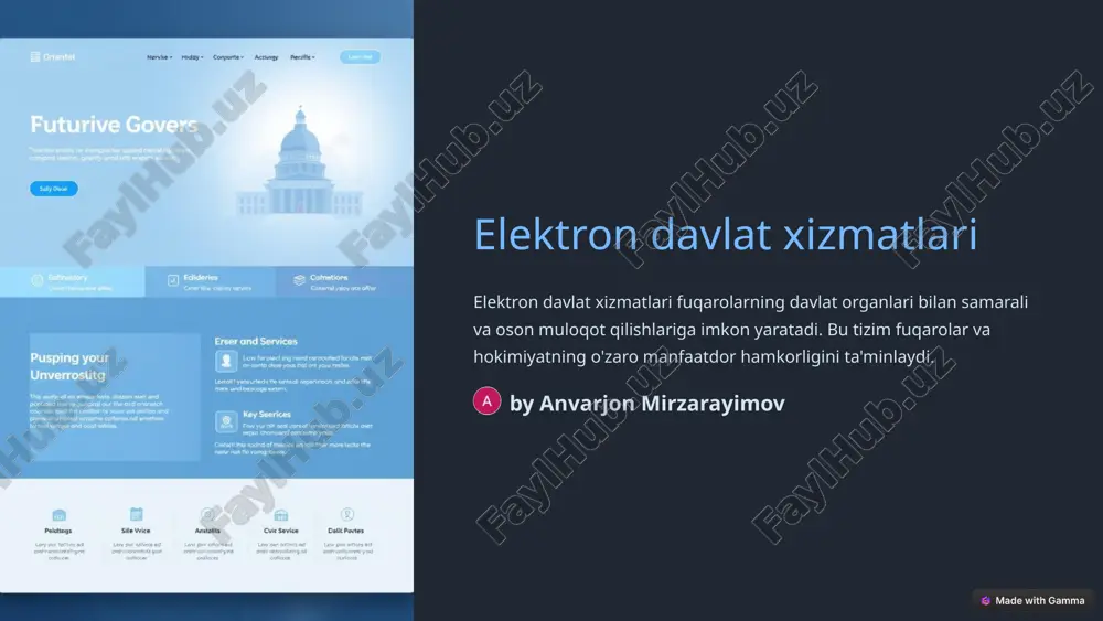 ektron xukumat saytlari va ularning imkoniyatlari 1 ma'lumot portalları davlat xizmatlariga oid ma'lumotlarni yig'ish va tarqatish uchun mўljallanadi. 2 yagona interaktiv portali fuqarolar elektron xizmatlar olish va arizalar topshirish uchun foydalanadilar. 3 hukumat vebsaytlari har bir vazirlik va idoraning o'z vebsaytlari mavjud bo'lib, ular faoliyatlari haqida ma'lumot beradi. elektron xujjat aylanishi va raqamlashtirish raqamlashtirish har bir xujjatning elektron versiyasi yaratiladi. xujjat aylanishi xujjatlar elektron tarzda harakat qiladi - yuboriladi, qayta ishlana boradi. arxivlash xujjatlar elektron shaklda saqlanadi va taqdim etiladi. elektron xukumatning afzalliklari samaradorlikni oshirish elektron xizmatlar orqali davlat xizmatlarini tezkor ko'rsatish mumkin. shaffoflikni oshirish fuqarolar davlat organlarining faoliyatidan xabardor bo'lishadi. resurslarni tejash elektron xukumat tizimi orqali qog'oz resurslarini, vaqt va boshqa xarajatlarni kamaytirish mumkin. elektron xukumatga o'tish jarayonidagi muammolar texnik muammolar aloqa tizimlarida, veb-platformalarda va ma'lumotlar bazalarida texnik nosozliklar mavjud. xavfsizlik xavfi fuqarolarning shaxsiy ma'lumotlari xavfsizligi va himoyasi masalalari muhim ahamiyat kasb etadi. axborot savodxonligi fuqarolarning kompyuter va internet …