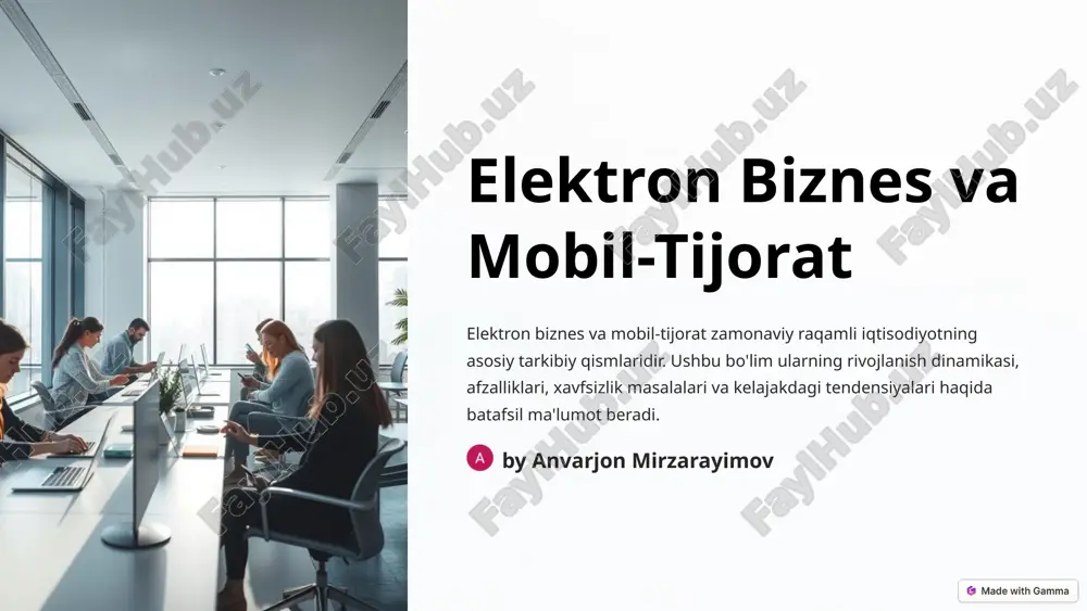 il-tijorat xaridorlar ehtiyojlarini inobatga olgan holda maxsus ilovalar va funksiyalarni taqdim etadi. internetdan foydalanish va xarid qilish odatlari onlayn qidirish xaridorlar mahsulotlar va xizmatlarni internet orqali qidiradilar. taqqoslash xaridorlar narx, sifat va xususiyatlar bo'yicha taqqoslash qilishadi. baho va fikrlar xaridorlar oldingi xaridchilarning fikr va baholarini o'rganishadi. mobil to'lovlar mobil ilova va vositalardan foydalanib to'lash usuli tanlash imkoniyati mavjud. mobil to'lovlar va xavfsizlik masalalari to'lov texnologiyalari xavfsizlik chora-tadbirlari nfc, qr kod, rfid, mobil pul o'tkazma shifrlash, biometrik autentifikatsiya, pinlar elektron hamyonlar, kreditkarti va to'lov naqdi kiberxavfsizlik, xaker hujumlari, phishing raqamli bozor va raqobat yangi bozorlar elektron va mobil-tijorat xaridorlarning geografik chegaralarini kengaytirdi. raqobat kuchayishi ommaviy internet orqali kirishlar bilan raqobat yanada kuchaydi. yangi strategiyalar raqobatga bardosh berish uchun individual yondashuvlar zarur. kelajakdagi tendensiyalar va yangi imkoniyatlar texnologik yangilanishlar yutqizilmagan haqiqat, neyrointerfeyslar, robotlar, katta ma'lumotlar va sun'iy intellekt kabilar e-tijoratni kardinal o'zgartiradi. xaridorlar xulq-atvori xaridorlar turli kanallardagi va shaxsiylashtirilgan tajribani talab qilmoqdalar. …