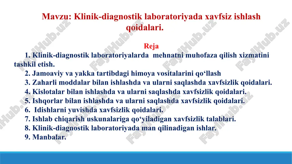 foydalanish orqali ta’minlanishi lozim. jamoaviy himoya qilish vositalari jumlasiga quyidagilar kiradi: - ishlab chiqarish xonalari va ish joylarining havo muhitini normallashtirish vositalari (shamollatish va havo tozalash, isitish, havo haroratini, namligini bir xil me’yorda saqlash va boshqalar); - ishlab chiqarish xonalari va ish joylarining yorug‘ligini normallashtirish vositalari (yoritish asboblari, yorug‘lik o‘rinlari, yorug‘likdan himoya qilish moslamalari va boshqalar); - shovqin, tebranma, elektr toki urishi, statik tok va uskunalar yuzasining yuqori darajadagi haroratdan himoya qilish vositalari; - mexanik va kimyoviy omillarning ta’siridan himoya qilish vositalari. 3. zaharli moddalar bilan ishlashda va ularni saqlashda xavfsizlik qoidalari. zaharli moddalar alohida xonada, temir seyflarda yoki temir shkaflarda, qulflangan va muhrlangan holda saqlanishi lozim. xonada vodoprovod, kanalizatsiya, shamollatish uskunasi va havo tortuvchi uskuna o‘rnatilgan bo‘lishi kerak. zaharli moddalar saqlanuvchi xonaning derazalarida temir panjaralar o‘rnatilgan, eshiklari temir bilan qoplangan bo‘lishi kerak. ish hajmi kichik bo‘lgan laboratoriyalar uchun moddiy narsalar saqlanuvchi xonada temir shkaf o‘rnatilishi mumkin. ish tugagandan keyin …