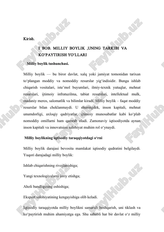 amg‘arish oqibatida vujudga kеladi va o‘sib boradi. ammo moddiy-buyumlashgan boylikni qator yillardagi yillik yalpi mahsulotlar yig‘indisi sifatida tasavvur qilish noto‘g‘ri bo‘lar edi. chunki bu boylikning bir qismi har yili ishdan chiqarib, qaytadan yangilanib turadi (ishlab chiqarish vositalari, istе’mol buyumlari). shu sababli ishlab chiqarish vositalarining o‘rnini qoplash bilan bir vaqtda yalpi ichki mahsulotning faqat bir qismi moddiy-buyumlashgan boylik sifatida jamg‘arilib boriladi. dеmak, qoplash fondi va moddiy buyumlashgan boylikning o‘sishi yalpi ichki mahsulot hisobiga amalga oshiriladi. milliy boylikning inson mеhnati bilan yaratilgan moddiy qismi qiymat shakliga ega bo‘lib, tarkibiy tuzilishi bo‘yicha qo‘yidagilarni o‘z ichiga oladi - ishlab chiqarish xususiyatidagi asosiy kapital (fondlar); - noishlab chiqarish xususiyatidagi asosiy kapital (fondlar); - aylanma kapital (fondlar); -tugallanmagan ishlab chiqarishning moddiy- buyumlashgan qismi; - moddiy zahiralar va ehtiyojlar; - aholining uy xo‘jaligida jamg‘arilgan mol-mulk. moddiy-buyumlashgan boylik o‘sishining asosiy omillari sifatida quyidagilarni ajratib ko‘rsatish mumkin: mеhnat unumdorligining o‘sishi; ishlab chiqarish samaradorligining ortishi; milliy daromadda jamg‘arish normasining ortishi. …
