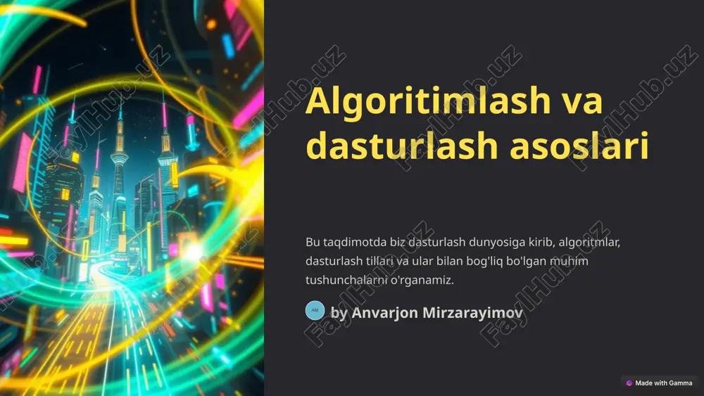 e'lon qilish va ularga qiymatlarni tayinlash. operatorlarni qo'llash ma'lumotlar ustida operatsiyalar bajarish uchun operatorlarni qo'llash. debug va test qilish xatolarni topish dasturdagi xatolarni topish va tuzatish. dasturni sinovdan o'tkazish dasturning to'g'ri ishlashini tekshirish. xulosa va yakuniy fikrlar algoritimlash va dasturlash insoniyatni yangi texnologiyalar va innovatsiyalar bilan ta'minlaydi. image1.png image2.png image3.png image4.png image5.png image6.png image7.png image8.png image9.png image10.png image11.png image12.png image13.png image14.png image15.png image16.png image17.png