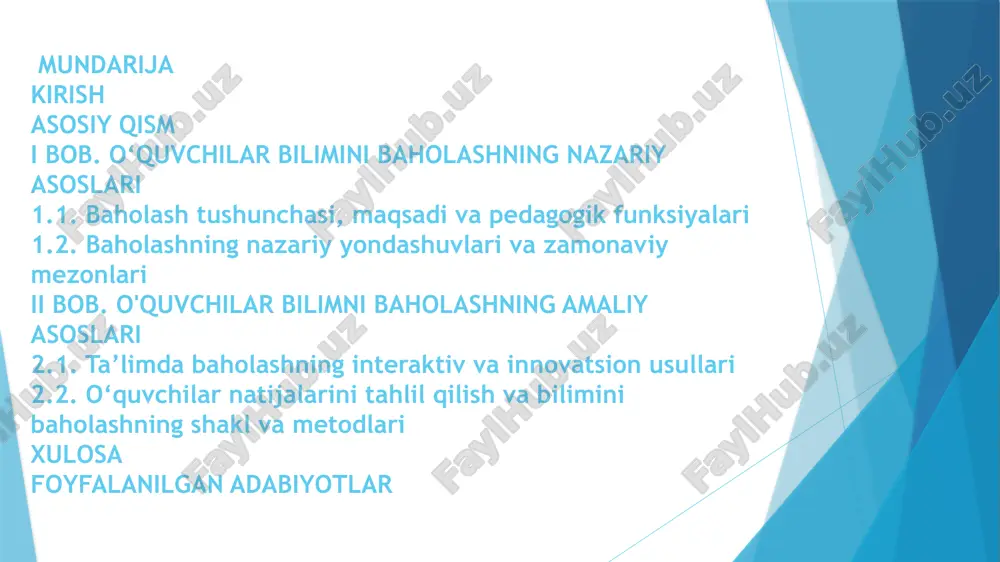 maktablaridagi o‘quv-tarbiya jarayoni baholash hisoblanadi. kurs ishining predmeti o‘quvchilarning bilimini baholash metodlari, vositalari, shakllari va ularning o‘qitish samaradorligiga ta’siri. kurs ishining vazifasi o‘quvchilarning bilimini baholash tushunchasini nazariy jihatdan yoritish; baholash turlari (oraliq, yakuniy, diagnostik, formatif va summativ)ni tahlil qilish; baholash vositalari va mezonlarini o‘rganish; raqamli texnologiyalarga asoslangan baholash usullarini ko‘rsatib berish; amaliy misollar orqali baholash jarayonining natijadorligini ko‘rsatish; o‘qituvchilar uchun samarali baholash metodikasini ishlab chiqish bo‘yicha tavsiyalar berish. kurs ishida qo‘llanilgan metodlar tavsifi nazariy tahlil metodi – mavzu bo‘yicha ilmiy manbalar, qonun hujjatlari va metodik tavsiyalar tahlil qilindi; empirik metodlar – amaliy tajribalar, kuzatuv va so‘rovnomalar orqali ma’lumotlar olindi; taqdimot va qiyosiy tahlil – mavjud baholash tizimlari solishtirilib, afzallik va kamchiliklar aniqlab berildi; tavsifiy metod – olingan natijalar izohlanib, ularning amaliy ahamiyati ochib berildi. kurs ishining nazariy va amaliy ahamiyati kurs ishining nazariy ahamiyati – o‘quvchilar bilimini baholashga oid ilmiy yondashuvlar, pedagogik nazariyalar, tizimlashtirilgan baholash metodlari haqida bilimlarni chuqurlashtirishdan iborat. …