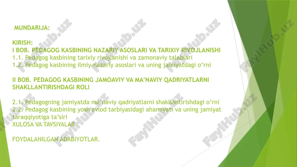 o'rnini yanada chuqurroq tahlil qilish, pedagogika faniga yangi ilmiy bilimlar yaratishdir. bu ish orqali pedagog kasbi, uning ishlab chiqarish va jamiyatda tutgan o'rni ilmiy-nazariy rivojlanishi haqida rivojlantiriladi. kurs ishining amaliy ahamiyati: kurs ishining amaliy ahamiyati pedagogika kasbining jamiyatdagi o'rni haqidagi fikrlarni zamonaviy ta'lim tizimiga tatbiq qilish imkonini beradi. bu ish pedagoglarni tayyorlash, malakalarini olish, ta'lim jarayonini ta'minlash uchun zarur tavsiyalar berishi mumkin. kurs ishining tuzilishi: kurs ishi 2bobdan iborat va boblar 2ta reja va xulosadan tashkil topgan. foydalanilgan adabiyotlar. 1.1. pedagog kasbining tarixiy rivojlanishi va zamonaviy talablari. o’qituvchilik kasbi o’z mohiyatiga ko’ra, o’ta individualdir. har bir o’qituvchining muhit hayotiy o’rni o’z ishining ustasi bo’lishidir. master (usta) juda ilg’or, bilimdon yoki o’z ishining mohirlik bilan bajaruvchi deb ifodalanadi. o’qituvchi mahorati uning faoliyatida ko’rinadi. o’qituvchi avvalo pedagogik jarayonning qonuniyatlari va mexanizmlarini yaxshi egallagan bo’lishi lozim. shu ma’noda pedagogning umumlashgan malakalari, uning pedagogik texnikasi katta ahamiyatga ega. mahorat – bu alohida qudrat. mahorat …