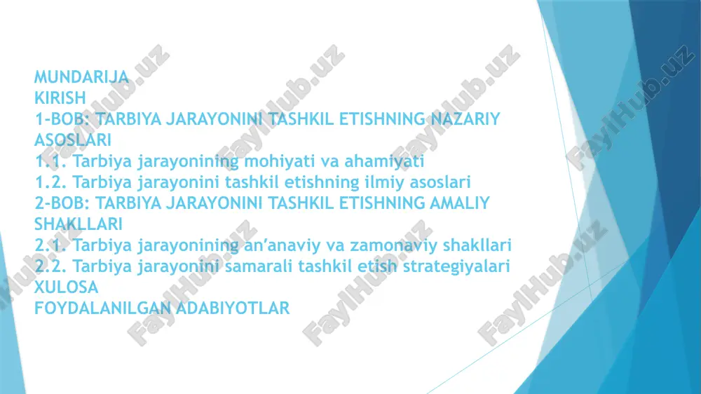 ini aks ettiradi, yuksak g‘oyalarga intilish va intilish bilan ajralib turadi. borliq qadriyatlari, o'z-o'zini bilish va o'zini takomillashtirish istagi. shaxs ichki dunyosining holati va yaxlitligini tavsiflovchi ma'naviyat etnik jamoaning dunyoqarashi, qadriyat yo'nalishlari, ma'nolari, axloqiy munosabatlari va munosabatlari - o'zaro bog'liq va o'zaro ta'sir qiluvchi tarkibiy qismlar yig'indisidir. bu sifatda ma’naviyat shaxsning o‘z-o‘zini rivojlantirish va o‘zini-o‘zi takomillashtirish salohiyatidir. kurs ishining metodi: “tarbiya” tushunchasini tahlil qilish va uning semantik muhim ma’nosini anglash ma’naviy o‘zgarish, yangilanish, shaxsni aniqlash, ya’ni ma’naviyatni tarbiyalash ma’naviyatning maqsadli ta’sir etish, maqsadli yaratish jarayonida sodir bo‘lishini tushunishga olib keladi. sharoitlar, maqsadli faoliyat. kurs ishining obyekti: ma'naviyat tarbiyasi o'ziga xos xususiyatga ega bo'lib, bu, birinchidan, inson tabiatida, uning ongida, axloqiy sohada nafaqat oqilona, ​​balki ko'plab aql bovar qilmaydigan daqiqalarning mavjudligi bilan belgilanadi. kurs ishining predmeti: ma'naviyat sub'ekt-ob'ektning funksiyasi emas, balki sub'ekt-ob'ekt munosabatlaridir. pedagogika tarixida ikkita nuqtai nazar mavjud. birinchisining vakillari ya.a.komenskiyning oʻqituvchi usta, taʼlim muassasasi esa oʻquvchidan shaxs boʻladigan ustaxona, …