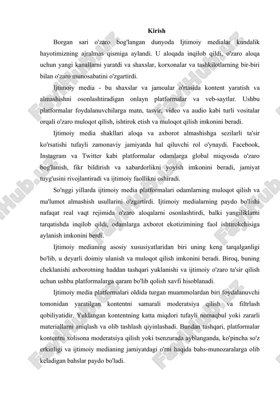 i zararli materiallarni aniqlash va olib tashlash qiyinlashadi. bundan tashqari, platformalar kontentni xolisona moderatsiya qilish yoki tsenzurada ayblanganda, ko'pincha so'z erkinligi va ijtimoiy medianing jamiyatdagi o'rni haqida bahs-munozaralarga olib keladigan bahslar paydo bo'ladi. 1.ijtimoiy medialarning asosiy shakllari ijtimoiy medialarning asosiy shakllaridan biri foydalanuvchilarga qisqa xabarlar yoki yangilanishlarni almashish imkonini beruvchi mikrobloglardir. twitter va tumblr kabi platformalar tez va ixcham formati tufayli mashhurlikka erishdi, bu esa foydalanuvchilarga o'z fikrlari va tajribalarini qisqa va qulay tarzda baham ko'rish imkonini beradi. ushbu platformalar foydalanuvchilarga tasvirlar va videolar orqali boshqalar bilan muloqot qilish, vizual kontentni joylashtirish va almashish imkonini beradi. bundan tashqari, youtube kabi video almashish platformalari ijtimoiy medianing muhim shakllariga aylandi, bu foydalanuvchilarga videolarni yuklash va ko'rish, shuningdek, sharhlar va muhokamalar orqali boshqalar bilan muloqot qilish imkoniyatini beradi. ijtimoiy medianing bu turli shakllari odamlarga onlayn tarzda ulanish, almashish va boshqalar bilan muloqot qilishning noyob usullarini taklif etadi. ijtimoiy medialarning ko'zga ko'ringan shakli bo'lgan …