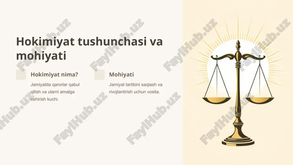 uvchi qonunlarni yaratadi. 1 ijro etuvchi qonunlarni amalga oshiradi. 2 sud hokimiyati qonunlarni nazorat qiladi. 3 1.7.2013 8 ‹#› oʻzbekistonda hokimiyatning bo‘linish prinsipi davlat boshqaruvi tizimida qonuniy tartib va barqarorlikni ta’minlashga xizmat qiluvchi muhim tamoyildir. ushbu prinsip davlat hokimiyatining uch mustaqil tarmoq – qonun chiqaruvchi, ijro etuvchi va sud hokimiyatlari orasida bo‘linishini anglatadi. har bir tarmoq o‘ziga xos vazifa va vakolatlarga ega bo‘lib, ular bir-biridan mustaqil ravishda faoliyat yuritadi. hokimiyat vakolatlarining taqsimlanishi hokimiyat turi vakolatlar qonun chiqaruvchi qonun qabul qilish, byudjet tasdiqlash ijro etuvchi qonunlarni amalga oshirish, davlat boshqaruvi sud hokimiyati sud nazorati, nizolarni hal etish 1.7.2013 9 ‹#› hokimiyat faoliyatining nazorati demokratik nazorat fuqarolar va parlament tomonidan nazorat. sud nazorati sud hokimiyati qonunlarga rioya qilishni tekshiradi. ichki nazorat ijro organlarida sifat nazorati tizimi mavjud. 1.7.2013 10 ‹#› yangi tahrirdagi konstitutsiyamizning 5-bo‘limida davlat hokimiyatining tashkil etish mustahkamlab qo‘yildi. ushbu bo‘limning xviii bobi o‘zbekiston respublikasi oliy majlisi, xx bobi o‘zbekiston respublikasi …