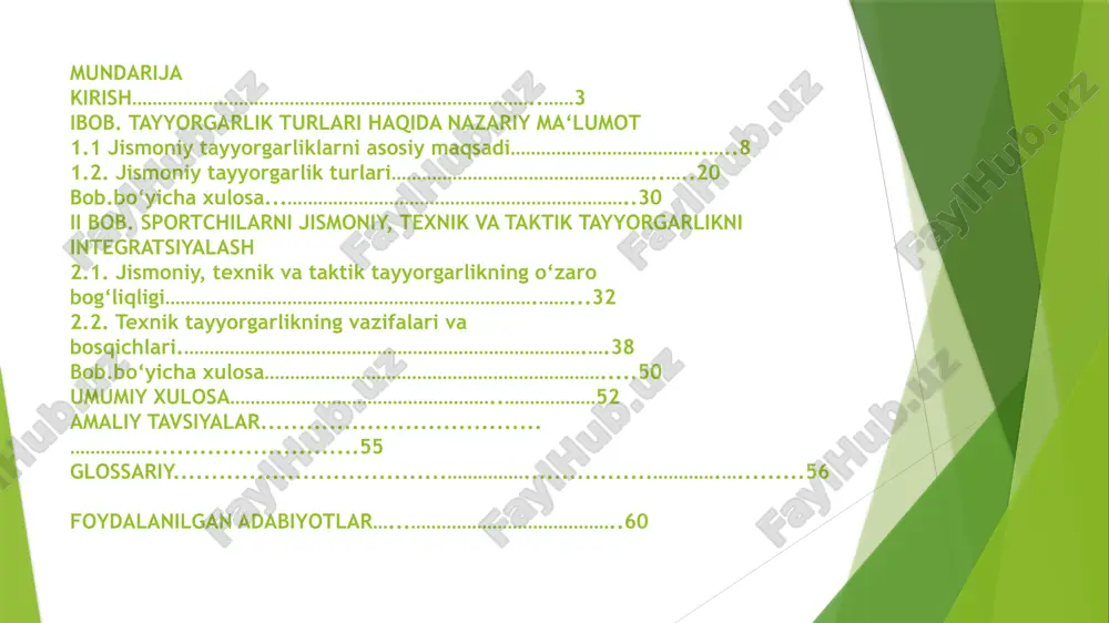 ng avtomatlashtirilishini ta’minlash. taktik jihatdan tayyorlash musobaqalarda to‘g‘ri strategiya tuzish va uni amalga oshirish. raqib harakatlarini oldindan bashorat qilish va ularga moslashish. individual va jamoaviy taktikani shakllantirish. kurs ishining maqsadi: sportchilarning tayyorgarlik jarayoni quyidagi maqsadlarga yo‘naltirilgan: sportchilarni jismoniy jihatdan rivojlantirish va ularning maksimal imkoniyatlarini ochib berish. musobaqalarda eng yaxshi natijalarga erishish uchun optimal tayyorgarlikni ta’minlash. sport texnikasi va taktikasi bo‘yicha ko‘nikmalarni rivojlantirish. sportchilarni psixologik jihatdan tayyorlash va ularga ishonch uyg‘otish. sportchilarning salomatligini saqlash va ularning uzoq muddatli rivojlanishiga sharoit yaratish. kurs ishining predmeti: sport tayyorgarligi jarayonida quyidagi asosiy jihatlar o‘rganiladi: jismoniy mashqlar va ularning organizmga ta’siri. sport texnikasi va uning takomillashtirish usullari. sportchilarning musobaqa sharoitida qaror qabul qilish strategiyalari. mashg‘ulotlar jarayonida qo‘llaniladigan metod va usullar. kurs ishining metodlari: sportchilarning jismoniy, texnik va taktik tayyorgarligi quyidagi asosiy metodlardan foydalanish orqali amalga oshiriladi: takrorlash usuli – muayyan harakatlarni qayta-qayta bajarish orqali rivojlantirish. intervallashgan mashg‘ulotlar – yuklama va dam olish vaqtlarini optimaltaqsimlash orqali …