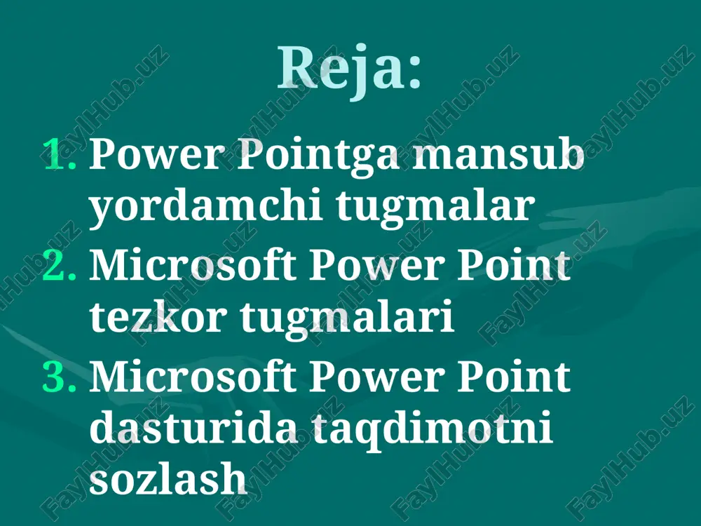 ma-qarshi paydo bo’lishi animatsiyasi. - slayd obyektlarining yuqoridan so’zma-so’z paydo bo’lishi animatsiya effekti. microsoft power point tezkor tugmalari 1. ctrl+n - yangi taqdimot faylini yaratish. 2. ctrl+m - taqdimotga yangi bush slayd qo‘shish. 3. ctrl+d - taqdimotga aktiv slayd nusxasini qo‘shish. 4. ctrl+enter - slaydning keyingi elementini tahrirlash 5. ctrl+o - ilgari yaratilgan taqdimot faylni qayta ochish 6. ctrl+w - ekranda ochik bo‘lgan taqdimot faylni berkitish 7. ctrl+p - taqdimotni qog‘ozga bosmaga chiqarish 8. ctrl+s - taqdimot faylni saqlash. 9. f5 - taqdimot namoyishini ishga tushirish 10. alt+f4 - microsoft powerpoint dasturidan chiqib ketish microsoft power point tezkor tugmalari 11. ctrl+f - matn qismini kidirish 12. ctrl+h - topilgan matnni boshqa matn bilan almashtirish 13. ctrl+k - giperyullanma qo‘shish 14. f7 - imlo xatolarni tekshirish 15. esc - oxirgi uzgarish yoki tugallanmagan harakatni bekor qilish 16. ctrl+z - oxirgi harakatni bekor qilish 17. ctrl+y - bekor kilingin harakatni qaytarish 18. …