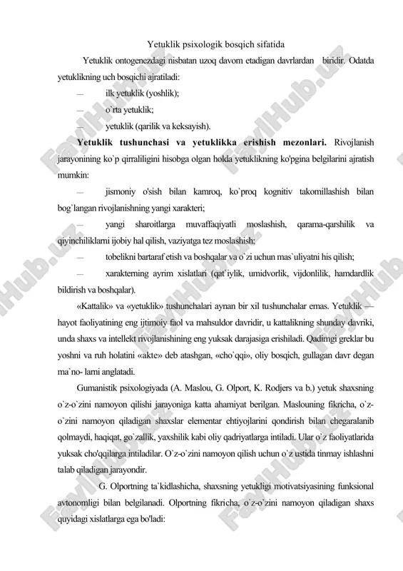 arga ega bo'ladi: tashqi dunyoga qiziqish, men hissi kengaygan; в) boshqalarga nisbatan g`amxo`rlik (hamdardlik, hurmat, chidamlilik); emotsional xavfsizlikni fundamental his qilish (o`zini na​zorat qilish, o`zini qabul qilish); borliqni real idrok qilish va harakatlardagi faollik; o`z-o`zini tushunish, ichki tajribasini vaziyatga ko`chirish; «hayot falsafasi», tajribani tartibga soladi, tizimlashtiradi va individual xatti-harakatlarga ma`no beradi. yetuklikni davrlashtirish muammosi yetuklikning bosqichlari turli olimlar tomonidan turlicha tal​qin qilingan. yetuklik davrini birinchilardan bo`lib davrlashtirgan sh.byuler o`z-o`zini aniqlashni asos qilib, yetuklikning beshta bosqichini ajratgan: birinchi bosqich (16—20 yosh) shaxsiy o`z-o`zini belgilashdan oldin keladi. ikkinchi bosqich (16—20 yoshdan 25—30 yoshgacha) — urinib ko'rish va izlash bosqichidir (kasb, umr yo`ldosh va b.). bu davr​da hayotiy maqsadlar noreal bo`lib, o'zgarib turadi. uchinchi bosqich (25—30 yoshdan 45—50 yoshgacha) — yetuk​lik davri: inson hayotda o`z o`rnini topadi, oila quradi. 40 yosh​larda shaxs o'zining hayotda erishgan natijalariga qarab o`zini ba- holay boshlaydi. to`rtinchi bosqich (45—50 yoshdan 65—70 yoshgacha) — qar- tayayotgan inson, kasbiy faoliyatning …