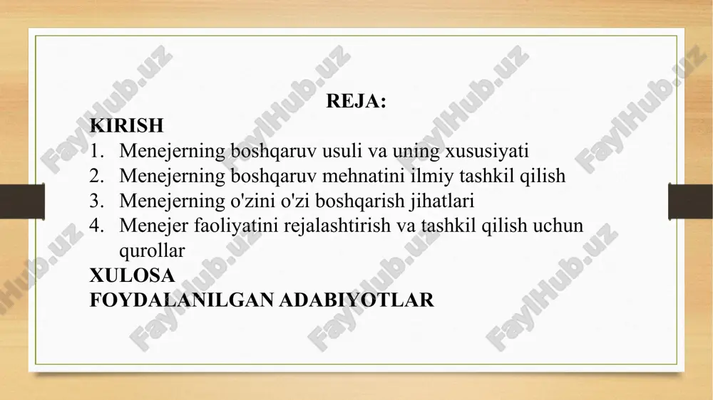 ublardan optimalini tanlash kerak rahbar fazilati fazilatning eng universalini tanlash kerak yuksak madaniyatga ega bo’lishi rahbar menejer pog’onalari 3 ta darajadan iborat yuqori pog’ona menejerlari firma istiqbolini belgilash, uning kelajagi uchun ahamiyatli chora-tadbirlarni ishlab chiqish bilan shug’ullanadi. bir so’z bilan aytganda firma rejasini ishlab chiqadi va uni amalga oshiradi. o’rta pog’ona menejerlari firma faoliyatining ayrim tomonlarini, chunonchi, ishlab chiqarish, tovarlarni sotish, narx belgilash, moliya faoliyati, yangi tovarlarni o’zlashtirish, texnologiyani qo’llash, mehnatni tashkil etish kabilarni boshqarish bilan shug’ullanadi. quyi pog’onali menejerlar quyi bo’g’inda, masalan, tsex, bo’lim, brigada doirasida ishni tashkil etish, kunlik, haftalik, oylik ish topshiriqlarining bajarilishini boshqarib boradi. menejerlarning ishbilarmonlik va shaxsiy xususiyatlarini yana xam obyeqitiv baxolash uchun attestasiyadan tashqari boshqaruv amaliyotida uch guruxga bo’linadigan turli xil usullar qo’llaniladi. attestasiya menejerlarning ishbilarmonlik va shaxsiy xususiyatlarini baxlash usuli bo’lishi bilan birga ularni qayta tayyorlash bilan chambarchas bog’liqdir. menejerni tayyorlash va qayta tayyorlash - bu ta’limning ilmi asoslangan sistemasi bulbi ma’lum soxada …