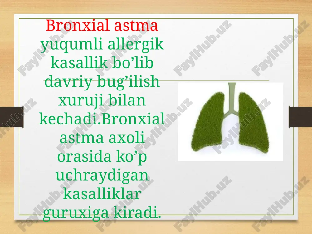 hi, shilliq qavat eozinofil infiltrasiyasi ko`riladi. bronxlar yuvindi suvida ko`p miqdorda epitelial, semiz xujayralar, eozinofillar va limfositlar topiladi. klinikasi: shikoyatlar va anamnez ekspirator xansirash va/yoki yo`tal xurujlari masofadan xushtaksimon xirillashlar eshitilishi ko`krak qafasida og`irlik xissi ob’ektiv ekspirator xansirash burun kataklarini nafas olganda kengayishi quzg`alish nafas aktida qo`shimcha mushaklar ishtiroki majburiy xolat perkussiyada: emfizema shakllanganda qutisimon perkutor tovush auskultasiyada: qurug` xushtaksimon va g`o`ngillovchi xirillashlar xamda nafas chiqarish fazasining uzayishi bronxial astmaning tasnifi asosiy patogenetik variantlari g.b.fedoseev tomonidan to’ldirilgan tasnif bo’yicha: infeksion-bog`liq atopik autoimmun disgormonal disovarial asabiy-ruxiy adrenergik disbalans xolinergik jismoniy zo`rig`ishdagi astma aspirin astmasi (triada) bronxial astmaning kechish darajalari: engil kechishi-yilida 2-3 marta xuruj o`rtacha og`irlikda kechishi-yilida 3-4 marta xuruj-shifoxonada davolanib yuradi. og`ir kechishi-xuruj tez-tez yilida 5 martadan ko’p kuzatiladi. davolash : bemor organizmiga allergenlar ta’sirini kamaytirish. bo’g’ilish xurujlarini bartaraf qilish uchun selektiv b-adrenomimetik aerozollar keng qo’llaniladi:terbutalin,salbutamol, astmopent. m-xolinolitik aerozollari:atrovent,berodual simtomatik davo maqsadida-mukaltin, bromgeksin,termopsis va altay tomiri damlamasi. dorilardan foydalanish samarasiz …