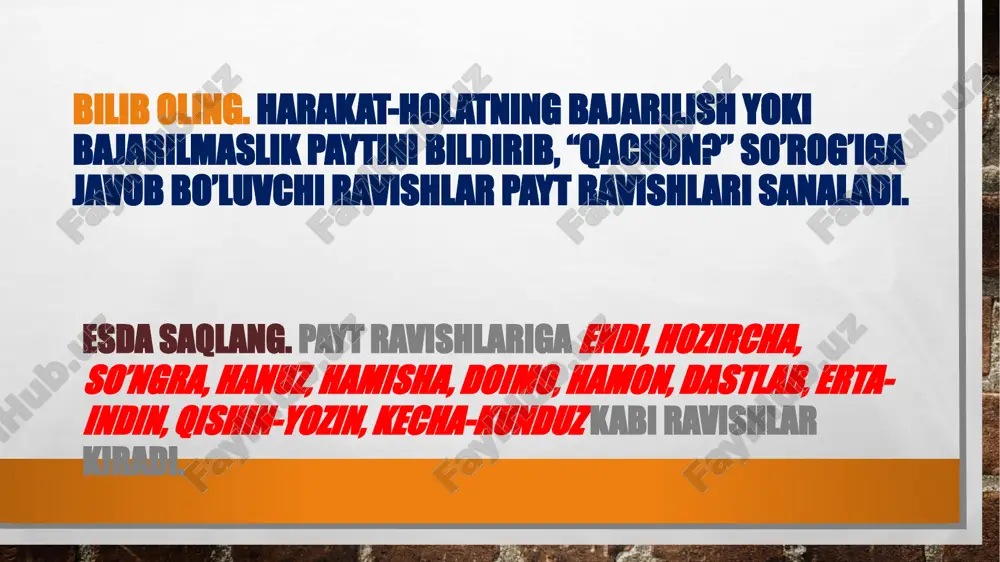 ya mashg’ulotlari bilan shug’ullanaman. 4. keyin xolamlarnikiga qarab yo’l oldik. 5. so’ngra har tarafga alanglagancha hayron qoldi. uyga vazifa. 463-mashq. payt ravishlari qatnashgan maqol, topishmoq, tez aytishlar, xandalardan bilasizmi? ularni daftaringizga yozing. payt ravishlarini tagiga chizing. e’tiboringiz uchun rahmat! image3.jpg image4.jpg image5.jpeg image6.jpeg image7.jpg image8.gif image9.jpeg /docprops/thumbnail.jpeg
