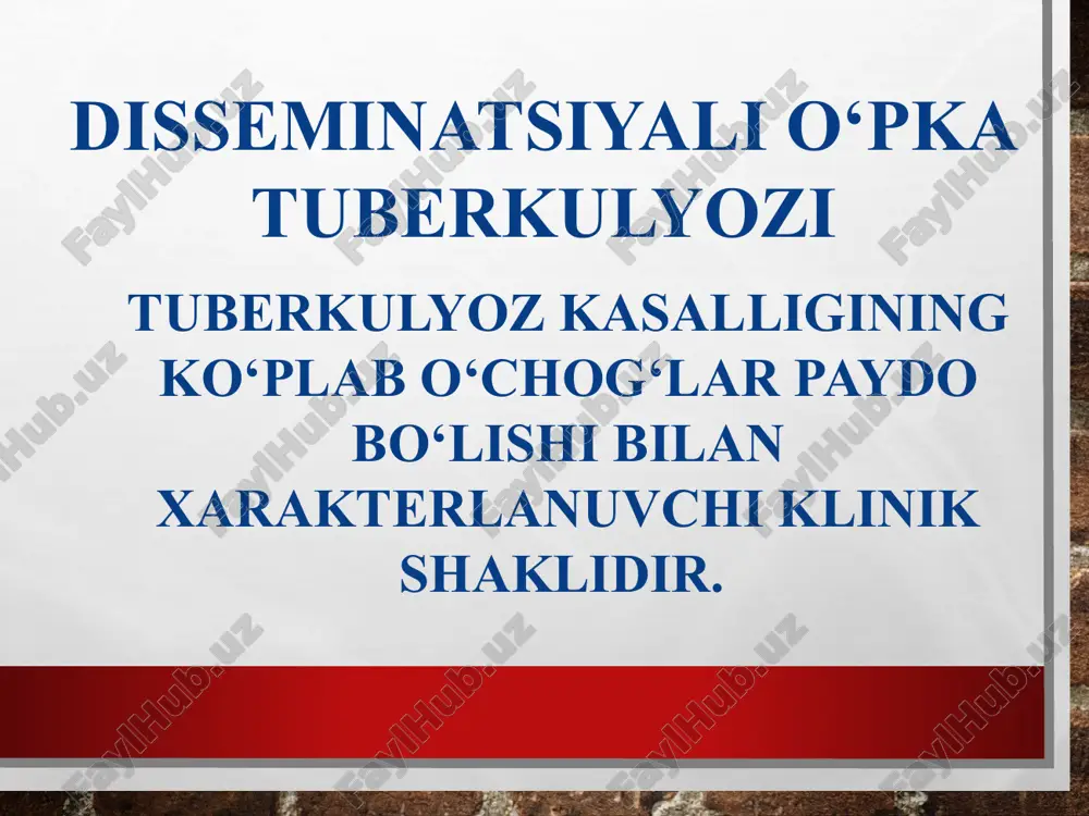 r mantu 2tb - manfiy anergiya laborator ko‘rsatkichlar makropreparat rentgenogramma yashirin davri kuzatiladi morfologik o‘zgarishlar sekin rivojlanadi intoksikatsiya simptomlari kuchsiz bunday xolatlar “rentgenologik topilma” tarzida uchraydi. o‘tkir osti disseminatsiyali o‘pka tuberkulyoz klinik belgilari: xolsizlik; terlash; ishtaxa pasayishi; ozish; balg‘amli yo‘tal. o‘pkadagi o‘choqlarning parchalanishi sababli qon tuflash jaroyonga plevra qo‘shilganda og‘riqlar davomi ekstrotorakal o‘zgarishlar: - xiqildoqning spetsifik shikastlanishi -orxit -epidedemit -mezodenit ekstrotorakal o‘zgarishlar kasallik klinikasida ustunlik qiladi va keyingi tekshirishlar bilan aniqlanadi. davomi perkussiyada yuqori bo‘laklar ustida to‘mtoq o‘pka tovush; auskltatsiyada nafas sustligi va baʼzan o‘pkada parchalanish soxalari ustida mayda puffakchali xirillashlar aniqlanishi mumkin. davomi qonning umumiy tahlili: leykotsitoz 12-14000 neytrofillyoz limfopeniya eozinopeniya echt 25-35mm/s r mantu 2tb - normergiya laborator ko‘rsatkichlar o‘lchami turlicha, intensivligi past, konturlari noaniq o‘choqlar; yallig‘lanish soxalari yaqin joylashgan bo‘lganlarida birlashib ketadilar; jaroyonining jadallashishi sababli o‘pka parchalanishi oqibatida kaverna xosil bo‘ladi; kaverna ko‘pincha ikkala tomonda, o‘mrovlar ostida simmetrik joylashadi; kavernalar odatda yupqa devorli, yumaloq shakilli, atrofida infiltratsiya …