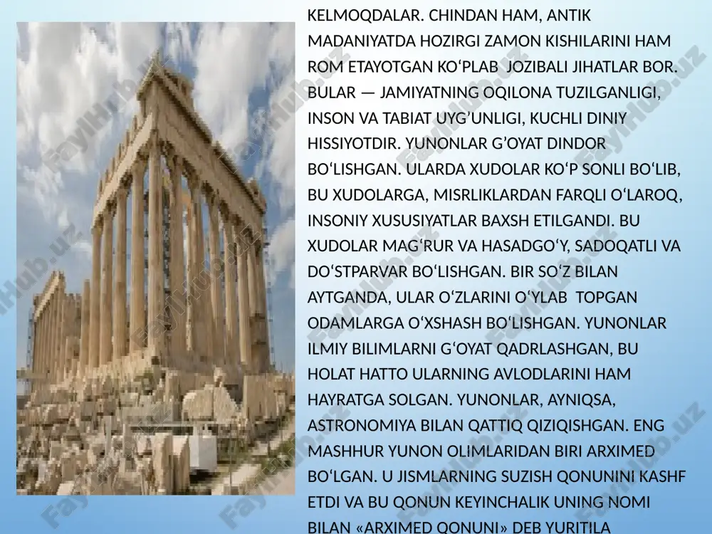tadqiqotlarini shogirdi aflotun (platon) davom ettirgan. arastu (aristotel) ham qadimgi davrning buyuk faylasufi bo‘lgan. . . qadimgi davr falsafasining yana bir silsilasi yunonislonga tegishlidir.bu davrdagi falsafiy qarashlar - antik davr falsafasi deb yuritiladi. unda milet falsafiy maktabi, eley falsafiy maklabi, suqrot, pifagor, aflotun, arastu va boshqalarning falsafiy, tabiiy - ilmiy, ijtimoiy - ahloqiy ta’limotlari o`rganiladi. yunonistonda dastlabki falsafiy ta’limotlar eramizdan avvalgi vii-vi asrlar o`rtasida milet shahrida yuzaga kelgan va rivojlangan. milet maktabi vakillari fales, anaksimandr, anaksimenlardir. uning asoschisi fales (eramizdan avvalgi 624 — 547 yillarda yashagan). u yunon fani va falsafasining asoschisi bo’lib, o`z davrining yetuk siyosiy arbobi, geogrofi, faylasufi bo`lgan. fales ta’limotiga ko`ra, tabiatdagi turli-tuman jism va hodisalar dastlabki ibtido — suvdan paydo bo`lgan va yana suvga aylanadi va bu moddiy birlik doimo o`zgarishda bo`ladi, anaksimandr (falesning shogirdi) eramizdan avvalgi vii asr oxiri va vi o`rtalarida yashab ijod etgan. . . u «tabiat haqida» asarini yozgan, biroq asar bizgacha …