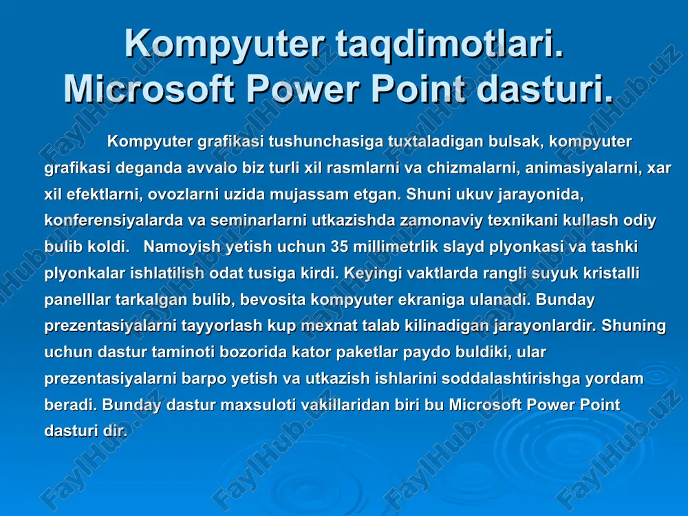 lay shaklda bosib chikarilgan va tanishish uchun mulljalangan materiallar. ular bir betda ikki, turt yoki olti slaydlar chop etilgan buladi. ma’ruza konspekti - power point da prezentasiya ustida ishlash jarayonida yaratilgan ma’ruza konspekti. chop etish vaktida ma’ruza konspektining xar bir betida slayd va tekstning mazmunini tushuntiruvchi kichiklashtirilgan tasvir chikarilgan buladi. prezentasiya strukturasi (tuzilishi) - fakatgina slayd sarlavxasini, shuningdek grafik tasvirsiz asosiy matnni va maxsus shakillantirishi ichiga olgan xujjat. power point dasturini ishga tushirish. bu dasturni ishga tushirish uchun windows ning "pusk" menyusi ichidagi "programmы" bulimidan "microsoft power point" buyrukni tanlaymiz. shundan keyin ekranda kuyidagi oyna xosil kilinadi. ' ' ushbu oyna kuyidagi bulimlardan iborat: master avtosoderjaniya, shablon oformleniya, pustuyu prezentasiyu, otkrыt prezentasiyu . agar siz birinchi - master avtosoderjaniya bulimini tanlasangiz u xolda kompyuter sizga yangi taqdimot turini, tarkibini va tashki kurinishini (rangli jixozlanishini) tanlab, uni yaratishga kadam va kadam yordam beradi. ' ' agar siz ikkinchi - shablon oformleniya …