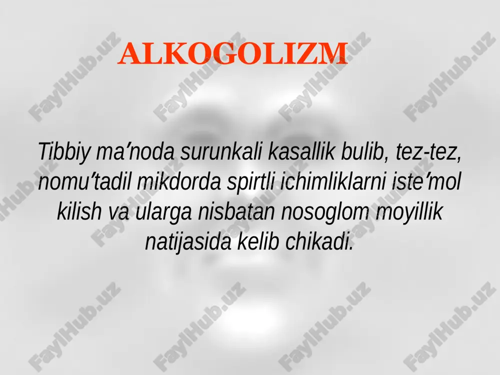 jarayonlar kechishining buzilishi alkogolizm alkogol mastligi darajalari yengil etil spirtining mikdori 2 ‰ gacha urta ogir etanol mikdori 2 - 5 ‰ ogir etanol mikdori 5 ‰ dan kup alkogolizm alkogolga karshi davolash kompleksi ii. faol alkogolga karshi davolash, alkogolga patologik maylni bartaraf etish, alkogolga salbiy munosabat chakirish, ijtimoiy readaptatsiya, ruxiy salomatlikni tiklash: 1. psixoterapiya 2. sensibillovchi terapiya 3. shartli-reflektor terapiya 4. psixofarmakoterapiya i. ichki aʼzolar faoliyatini meyerga soluvchi davolash: 1. dezintoksikatsiya 2. vitaminoterapiya 3. umumkuvvatlovchi 4. asoratlarni davolash (yuks, mit va boshk.) davolash e’tiboringiz uchun rahmat!!! audio1.wav image1.png /docprops/thumbnail.jpeg
