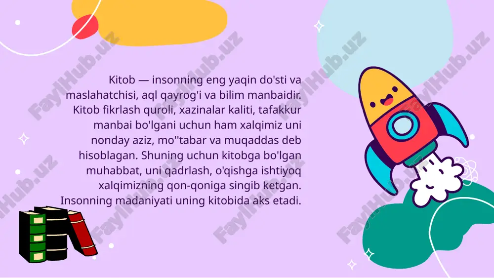 shunda maxmud xafa bo’ldi va yana o’qimasdan vaqtni bekor o’tkazibdi ikki do’st ulg’ayibdi. muhammad hamma fandan yaxshi o’qigani uchun harbiy bo’ldi va vataniga xizmat qildi. maxmud esa yomon yo’ldan ketibdi. uning ota-onasi pul topsin deb uni suriyaga jo’natishibdi. u jang qilaman deb halok bo’libdi. ota- onasi uni bekor o’qishdan qaytarganini tushunib yetibdi. qissadan hissa shuki, doim kitob o’qishimiz kerak. kitobga do’st tutinsak bilimli bo’lamiz. ma’lumotnoma almuratova mavlyuda ongarbay qizi berdaq nomidagi qdu da 1-bosqich talabasi, davlat granti asosida o’qiyabdi ma’lumotnoma ttalab etilgan joyga taqdim etish uchun berildi. imzo dunyoning ishlari o’tkit hoshimov „dunyoning ishlari“ — oʻzbekiston xalq yozuvchisi oʻtkir hoshimov qalamiga mansub memuar qissa. asar katta-kichik hikoyalardan iborat, uzoq yillar davomida yozilgan.jonli va hayotiy tasvirlar, oʻzbekona yondashuv va xarakter, qahramonlar oʻrtasidagi suhbatlar mutolaa tasirini kuchaytiradi. asar adibning bolalik davridagi voqealari asosida qurilgan. sovet davridagi oddiy qishloq oilalaru, odamlar turmush tarzi adibning onasi bilan uygʻunlashtirib tasvirlangan. oʻtkir hoshimov shu kichik asarida …