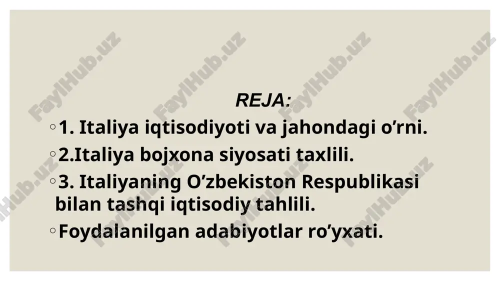 b chiqarish sanoati asosan import xomashyosiga asoslangan. yuk va yo'lovchilarni ichki tashishda asosiy rol o'ynaydi avtomobil transporti, ikkinchi o'rinda - temir yo'l. temir yo'llarni elektrlashtirish bo'yicha mamlakat dunyoda birinchi o'rinlardan birini egallaydi. zamonaviy avtomobil va temir yoʻllarning zich tarmogʻi shimoliy italiya shaharlarini bogʻlaydi. qishloq xoʻjaligida oʻsimlikchilik ustunlik qiladi. asosiy ekinlari bugʻdoy, makkajoʻxori, sholi (yevropada yigʻish boʻyicha 1-oʻrin; yiliga 1 million tonnadan ortiq), qand lavlagi. italiya tsitrus mevalari (yiliga 3,3 million tonnadan ortiq), pomidor (5,5 million tonnadan ortiq), uzum (yiliga 10 million tonnaga yaqin; 90 foizdan ortigʻi vinoda qayta ishlanadi), zaytun yetishtirish boʻyicha dunyodagi eng yirik va yevropada yetakchi mamlakatlardan biridir. . gulchilik. parrandachilik rivojlangan. haydaladigan yerlar - 31% doimiy ekinlar - 10% doimiy yaylovlar - 15% o'rmonlar va o'rmonlar - 23% italiyaning jahon iqtisodiyotidagi o'rni bugungi kunda italiyada takror ishlab chiqarish jarayonining butun jarayoni xalqaro mehnat va mehnat taqsimoti tizimiga to'qilgan. sanoat kooperatsiyasi. butun mamlakatlar guruhlari o‘zaro kelishuvlar asosida mintaqaviy …
