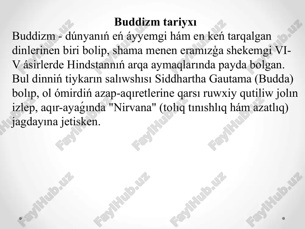 atları hám monaxlar ushin qaģiydalardı óz ishine aladı. bul tekst pali tilinde jazılgan hám theravada buddizminiń tiykarģı diniy kitabı esaplanadı. tripitaka úsh bólimnen ibarat: vinaya pitaka - ruwxanıylar (sangha) ushın qaǵıydalar. sutta pitaka - buddanın sózleri hám táliymatları. abhidhamma pitaka - filosofiyalıq hám psixologiyalıq túsinikler. buddizmniń tiykargı bagdarları. buddizm házirde úsh tiykargı bagdarga iye: theravada (jası úlkenler joli) yamasa xinayana (kishi arba)- qutiliwdiń tar joli- eń áyyemgi hám dástúriy buddizm forması bolıp, shri-lanka, myanma, tailand hám laosta tarqalgan. mahayana (úlken arba) - buddizmniń eń iri bagdarı bolip, qıtay, yaponiya, koreya hám vetnamda keń tarqalgan. vajrayana (almas arba) - tibet hám mongoliyada rawajlangan mistikalıq hám ruwxiy ámellerge tiykarlangan buddizm túri. buddizmniń búgingi jaǵdayı házirgi kúnde buddizm dúnyada 500 millionnan artıq siyniwshilarina iye. ol tiykarınan qubla, oraylıq hám shigis aziya mámleketlerinde keń tarqalgan. buddizm tek gana din sipatında emes, bálkim filosofiyalıq sistema hám turmis tárizi sipatında da kóriledi. buddizmde tiykarǵı itibar tınıshlıq, …