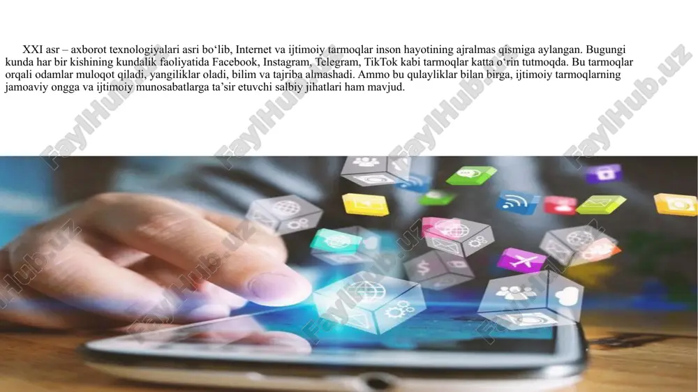 keladi. xulosa internet – bu kuchli vosita. u orqali insoniyat yangi bosqichga ko‘tarilmoqda, ammo bu vosita to‘g‘ri boshqarilmasa, jamiyat, ayniqsa yoshlar ongiga chuqur zarar yetkazishi mumkin. shuning uchun axborot maydonida ongli, ma’naviyatli va mas’uliyatli fuqarolarni tarbiyalash hozirgi davrning eng dolzarb vazifalaridan biridir. foydalanilgan adabiyotlar ro‘yxati 1. karimov i.a. “yuksak ma’naviyat – yengilmas kuch”. – t.: ma’naviyat, 2008. 2. o‘zbekiston respublikasi prezidenti farmonlari va qarorlari 3. axborot xavfsizligi bo‘yicha ilmiy maqolalar (2020–2024) 4. www.ziyonet.uz – ta’lim va tarbiya resurslari 5. www.stat.uz – rasmiy statistika portal 6. oav va internet texnologiyalari bo‘yicha xalqaro maqolalar to‘plami e’tiboringiz uchun rahmat image1.png image2.png image3.png image4.png image5.png image6.jfif /docprops/thumbnail.jpeg