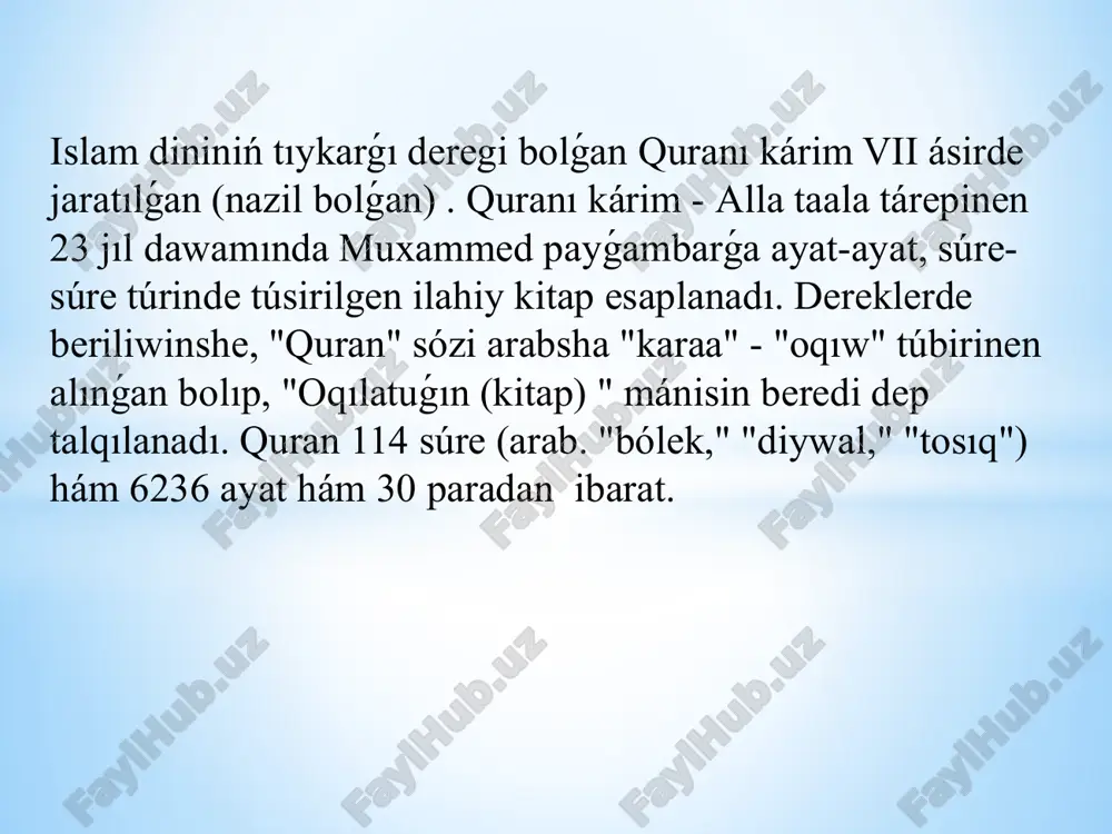 ekem). badr sawashınan keyin uhud sawashına shekem ótken bir jıl ishinde oqılǵan úsh súreni óz ishine aladı. úshinshi dáwir (625-jıl marttan 627-jıl martqa shekem). uhud sawashındaǵı jeńilisten keyin xandaq sawashına shekem ótken eki jıl ishinde bes súre oqılǵan. tórtinshi dáwir (627-jıl aprelden 630-jıl yanvarǵa shekem). qandaq sawashınan keyin mekkeniń alınıwına shekem ótken derlik úsh jıl ishinde oqılǵan segiz súre usı dáwirge kiredi. besinshi dáwir (630-jıl fevraldan 632-jıl mayga shekem). mekkeni basıp alıwdan keyin rasulullah qaytıs bolǵanǵa shekem ótken eki jıldan kóbirek waqıt ishinde oqılǵan tórt súre usı dáwirge kiredi. quranniń jaziliwi dawri abu bakir siddiq umar ibn xattobtıń usınısına muwapıq abu bakr siddiq sahabalardan zayd ibn sabitti shaqırıp, oǵan qurandı jámlew hám jazba halga keltiriw wazıypasın tapsırdı. solay etip, zayd ibn sobit hám umar ibn xattob mashaqatlı háreketlerden keyin qurannıń dáslepki jazba nusqasın jıynawǵa eristi. bul toplam "suhuf," yagniy "betler" dep ataldı. osman ibn affon xalifa osman ibn affon sahaba …