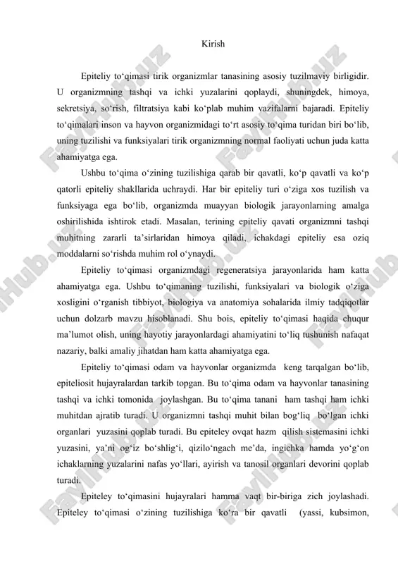 me’da, ingichka hamda yо‘g‘on ichaklarning yuzalarini nafas yо‘llari, ayirish va tanosil organlari devorini qoplab turadi. epiteley tо‘qimasini hujayralari hamma vaqt bir-biriga zich joylashadi. epiteley tо‘qimasi о‘zining tuzilishiga kо‘ra bir qavatli (yassi, kubsimon, silindrsimon), bir qavatli, kо‘p qatorli (silindrsimon, hilpillovchi) va kо‘p qavatli yassi (muguzlanadigan, muguzlanmaydigan, о‘zgaruvchan) bо‘ladi. bir qavatli epiteliy о‘z navbatida bir necha xillarga bо‘linadi va har qaysisi о‘ziga xos fiziologik vazifani bajaradi. hamda о‘ziga hos morfologik tuzilishga ega. bu epiletey odam va hayvonlarning turli organlarida uchraydi va shu organlar yuzasini qoplab turadi. bir qavatli epiteley hujayralarining shakliga kо‘ra yassi, kubsimon, silindrsimon bо‘ladi. ularning yadrosi bir xil tekislikda ya’ni bir qatorda joylashgan. shuning uchun uni bir qatorli epiteley deyiladi. agar bir qavatli epiteliy har xil shaklda bо‘lib, yadrolari har xil tekislikda, ya’ni har xil qatorda joylashsa, uni kо‘p qatorli epiteliy deyiladi. epiteliy toʻqimasining umumiy taʼrifi. epiteliy to’qimalari tanani tashqi muhit bilan bog’laydi. ular integumentar va glandular (sekretor) funktsiyalarni bajaradilar.epiteliy …