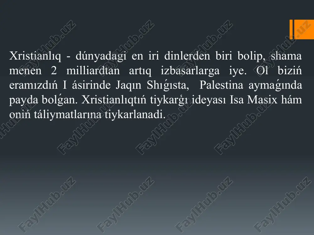 ski wasiyat (tawrat, zabur hám basqa kitaplar) - yahudiylerdiń muqaddes kitabınıń bir bólegi bolip, xristianlıqta da muqaddes esaplanadı. jana wasiyat (injil) - isa masix hám oniń shákirtleri ómiri, táliymatları haqqında gúrriń etedi. jańa wasiyattıń tiykarģı bólimi tómendegilerden ibarat: tórt injil (matto, mark, luka, ioann) apostollardıń xatları (pavel hám basqalar tárepinen jazılǵan) vahiy kitabı “jańa wásiyat” 27 kiatptan, yaǵnıy 4 injil (evangelie- jaqsı xabar), appostollardıń (isanıń shákirtlerin xristianlıqtıń dáslepki taratıwshıları) ámellerin 21 tezis hám karamatlı alım ioanıń “báxıynaması”nan ibarat. xristianlıqtıń tiykargı baǵdarları xristianlıq tariyxı dawamında hár túrli aǵımlarǵa bólingen. búgingi kúnde úsh tiykarǵı baǵdar bar: katoliklik - en iri agım bolip, orayı rimde jaylasqan hám basshısı papa esaplanadı. pravoslavlıq - shigis evropa hám greciya sıyaqlı aymaqlarda keń tarqalgan bolıp, stambul (buringi konstantinopol) hám moskvadagi patriarxlar tárepinen basqarıladı. protestantlıq - xvi ásirde martin lyuter tárepinen baslangan reforma háreketi nátiyjesinde payda bolgan hám hár túrli bagdarlarga iye. qudayǵa iseniw xristianlıq monoteistlik (bir qudayga …