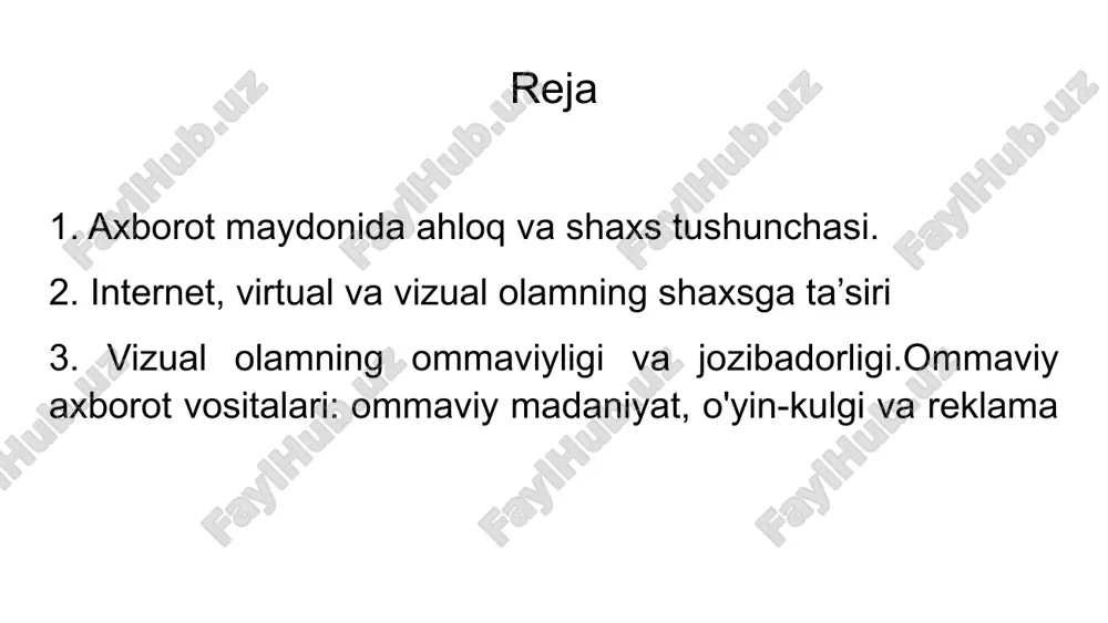 li axborot ko‘proq ta’sirchan bo‘ladi. shu bois marketing, san’at va ommaviy axborotda vizual jozibadorlik asosiy rol o‘ynaydi xulosa media maydonda axborot tarqatish madaniyati — bu to‘g‘ri, halol va mas’uliyatli axborot ulashish tamoyillarini hurmat qilishdir. u jamiyatda ishonch va sog‘lom muloqotni ta’minlaydi hamda yolg‘on va manipulyatsiyalardan himoya qiladi. image1.jpg image2.jpg image3.jpg image4.jpg image5.jpg image6.jpg image7.jpg