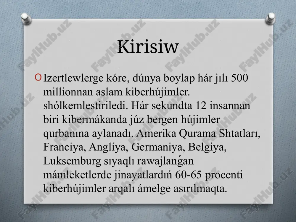 kiberqáwipler, programmalıq támiynattaǵı, úskeneler hám texnologiyalardaǵı ázzilikler haqqındaǵı málimlemeni alıw huqıqına iye. kiber qawipsizlik kiberqáwipsizlik tarawındaǵı birden-bir mámleketlik siyasattı prezident belgileydi. mámleketlik qáwipsizlik xızmeti kiberqáwipsizlik tarawındaǵı wákillikli mámleketlik uyım bolıp esaplanadı. kiber maǵliwmatlar saqlaw mámleketlik uyımlar hám shólkemlerdiń málimleme sistemaları hám de resursları maǵlıwmatlardıń saqlanıwın támiyinlew maǵlıwmatlardıń rezerv nusqaların jaratıw arqalı ámelge asırıladı, olardıń saqlanıw múddeti sońǵı 3 aydan az bolmawı kerek. tómendegiler kiberqáwipsizlik talaplarına muwapıqlıq boyınsha májbúriy tártipte ekspertizadan ótkeriliwi kerek: - mámleketlik uyımlardıń málimleme resursları; - mámleketlik uyımlardıń málimleme sistemaları; - áhmiyetli informaciya infrastrukturası obyektleri kategoriyasına kirgizilgen informaciya sistemaları. kibermákan kompyuter tarmaqları arqalı ámelge asırılatuǵın baylanıs maydanın bildiretuǵın waqıya sıpatında 1990-jıldan baslap keń kólemde rawajlanıp, jetilisip kiyatır. kibermákan túsinigin dáslep kanadalı jazıwshı uilyam gibson payda etken. 1982-jıl ―sojjenie xrom (―burning chrome) atlı gúrrińinde jazadı. keyin ala, gibsonnıń 1990-jılı jazıp tamamlagan "neuromancer" (―nervli") kórinisler súwretlewshi," ―nervo-sochinitel‖) atlı texno-utopik fantastikalıq shıǵarma trilogiyasında qollanǵan. kibermákanda diniy processlerdiń kórinisleri tómendegi belgilerde kóriwge …