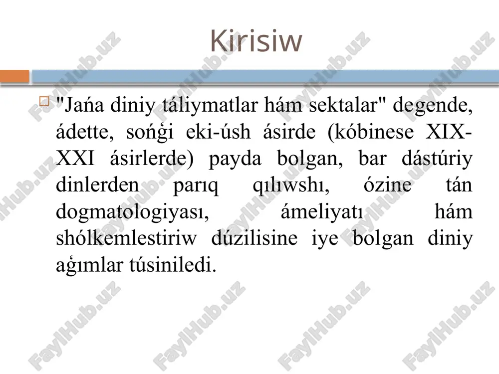 áliymat sheńberinde qáliplesken hám basqasha aytqanda isenim hám bul isenimge eriwshiler jámááti degendi bildiredi. qánigeler házirgi kúnde dúnyada shama menen 1000 den artıq diniy konfessiyalar ámeldegi, dep esaplaydilar. xix ásirde payda bolganlar. bahoi dini - 1844-jili iranda bab hám keyinirek bahawalla tárepinen tiykar salingan. global tınıshlıq, birden-bir adamzat hám birden-bir quday ideyaların alǵa qoyadı. mormonlar (the church of jesus christ of latter-day saints) - 1830-jili aqshta jozef smit tárepinen tiykar salingan. bibliyadan tısqarı, "mormon kitabı"nı muqaddes dep biledi. yahovaning shohidlari - 1870-yillar aqsh. charles taze russell tiykar salgan. bibliyani ózlerinshe túsindiredi hám dúnyanıń tez arada tamam bolatuģınına isenedi. jetinshi kún adventistleri shirkewi - 1863-jili aqshta. isa masihtıń jaqın arada ekinshi keliwin kútedi hám shembi kúnin dem alıs kúni dep biledi. xx ásir baslarında payda bolganlar (1900-1950) pentekostallizm - 1901-jildan baslap aqshta. muqaddes ruwx tájiriybesi hám "tillerde sóylesiw" (glossolalia) ámeliyatına itibar beredi. unifikaciya shirkewi (moonshılar) - 1954-jılı qubla koreyada sun myung …