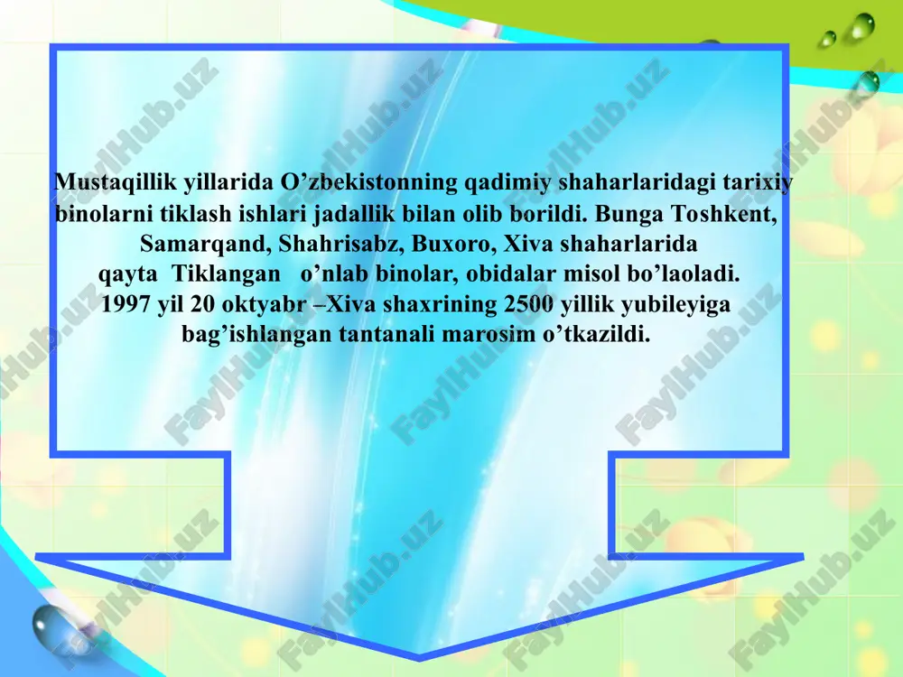 amir temur, mirzo ulug’bek, z.m.bobur va boshqalarning siymolari umuminsoniy va milliy qadriyatlarga mos tarzda yangicha talqinda yoritildi. 2 omon muxtorning «to’rt tomon qibla» nomli trilogiyasi, barat boyqobulovning «o’zbeknoma» tarixiy-falsafiy dostoni, abduqhhor ibrohimovning «biz kim, o’zbeklar» badiiy-tarixiy asari, azim suyunning «oq va qora», a.qutbiddinning «izohsiz lug’at» she’riy asarlari xalqaro sholoxov mukofoti laureate to’lepbergen qayipbergenovning «u dunyoga, bobomga xat» asari, shukrulloning «kafansiz ko’milganlar» romanida, nazar eshonqulovning «qora kitob» povestida, o’tkir hoshimovning «tushda kechgan umrlar», me’morchilik va amaliy san’at temuriylar tarixi davlat muzeyi, turkiston saroyi, oliy majlis, senat, toshkent shahar hokimiyati binolari timsolida o’z aksini topgandir. jahon me’morchiligining eng yaxshi yutuqlaridan foydalanishda namoyon bo’lmoqda. bunday binolar jumlasiga «meridian»,«afrosiyob» (samarqand), «buxoro» «interkontinental», «sheraton» mehmonxonalari, «o’zekspomarkaz», milliy bank, markaziy bank, «toshkentplaza» savdo markazi, kino va teatr saa’ati mustaqillik yillarida kino san’ati rivoj topdi. 1996 yilda «o’zbekfilm» tasarrufida 8 ta kinostudiya, 30ga yaqin mustaqil ijodiy studiyalar faoliyat yuritdi. 1991-2002 yillarda 60 ga yaqin badiiy filmlar yaratildi. …