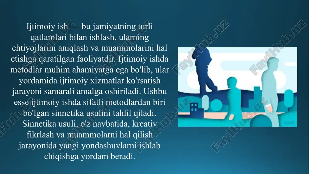 ganadilar va muammolarning sabablarini aniqlaydilar. bu, muammoni hal qilishda yanada samarali yechimlar topishga yordam beradi. 2. dasturlarni rivojlantirish: ijtimoiy xizmatlar dasturlarini yaratishda sinnetika usuli yordamida innovatsion yondashuvlar ishlab chiqilishi mumkin. bu, ijtimoiy xizmatlarning sifatini oshirishga xizmat qiladi. 3. jamoa ishlari: jamoa ichida kreativ fikrlashni rag'batlantirish uchun sinnetika usuli qo'llanilishi mumkin. bu, jamoa a'zolari o'rtasida muloqotni kuchaytiradi va yangi g'oyalarni ishlab chiqishga yordam beradi. 4. ta'lim va o'qitish: ijtimoiy ishda ta'lim berishda sinnetika usuli qo'llanilganda, talabalarga kreativ fikrlash va muammolarni hal qilish ko'nikmalarini rivojlantirishga yordam beradi. har qanday faoliyat, shu jumladan ijtimoiy ish ham oʻziga xos tuzilishga ega boʻlib, unda har bir element uzviy bogʻlangan va boshqalar bilan oʻzaro taʼsirlashadi, oʻz vazifalarini bajaradi. ijtimoiy ish ajralmas tuzilma boʻlib, quyidagi elementlardan iborat: subyektlar; funksiyalar orqali ochiladigan tarkib; vositalar (tashkiliy-texnik, moliyaviy va boshqalar), nazorat va maqsadlar. ijtimoiy ishning kasbiy faoliyat sifatidagi maqsadi, bir tomondan, mijozning manfaatlarini qondirish boʻlsa, ikkinchi tomondan, jamiyatda barqarorlikni saqlashdir. …