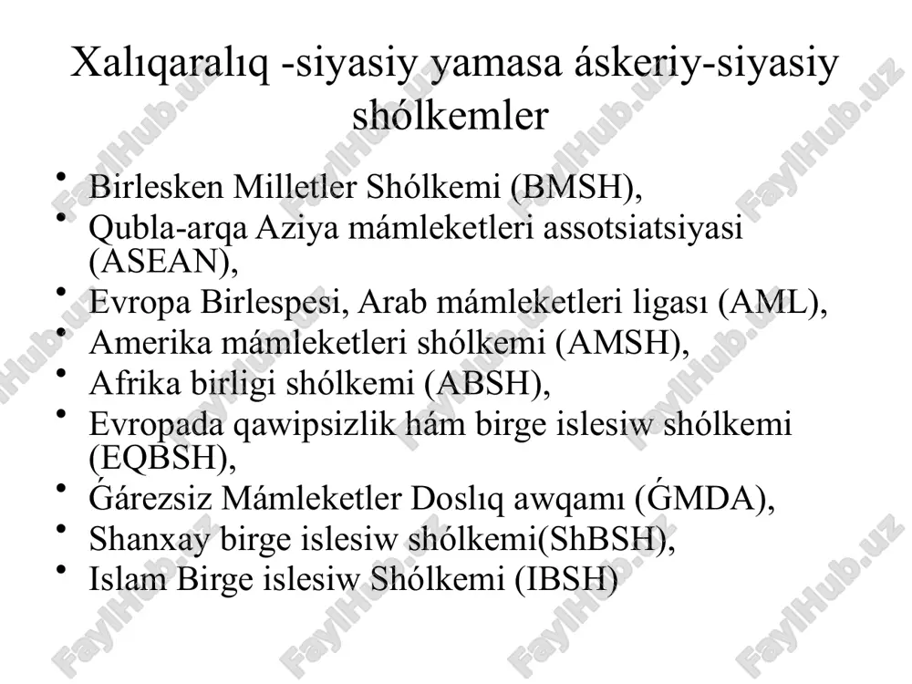 p-quwatlawdı qadaǵan etedi, finanslıq dereklerdi tosıwǵa shaqıradı. qarar 2178 (2014): "shet ellik jawıngerler" (foreign terrorist fighters) máselesin qadaǵalawǵa qaratılǵan. háreketleniw, jallaw hám úgit-násiyatlawǵa qarsı ilajlardı kúsheytiw názerde tutılǵan. global terrorizmga qarshi strategiya (2006) bmsh 2006-jılı "global kontrterrorizm strategiyası"n qabıl etken. tórt baǵanalıq baǵdar: terrorizmniń tamırınan aldın alıw (bilimlendiriw, jumıssızlıq, ádalacızlıqqa qarsı gúres) terroristlik hújimlerdiń aldın alıw hám oǵan juwap beriw mámleketlerdiń potencialın arttırıw insan huqıqlarına ámel etiw bmshnıń arnawlı uyımları ✅ unodc (náshebentlik hám jınayachılıqqa qarsı mákeme) terrorshılıq jınayatlarına qarsı nızamshılıqtı islep shıǵıwda mámleketlerge járdem beredi sudlar hám tergewshiler ushın treningler shólkemlestiredi ✅ cted (counter-terrorism executive directorate) qáwipsizlik keńesi qararlarınıń orınlanıwın qadaǵalaydı. mámleketlerge texnikalıq járdem kórsetedi ✅ unoct (terrorizmga qarshi kurash boshqarmasi) bmshtaǵı terrorizmge qarsı barlıq is-háreketlerdi muwapıqlastıradı cve (zombılı ekstremizmge qarsı gúresiw) boyınsha joybarlardı ámelge asıradı. radikallıqtıń aldın alıw (cve qatnası) bmsh ekstremizmge qarsı "qattı kúsh" emes, al "jumsaq kúsh" (soft power) qatnasın da usınıs etedi: jaslar ushın bilimlendiriw …