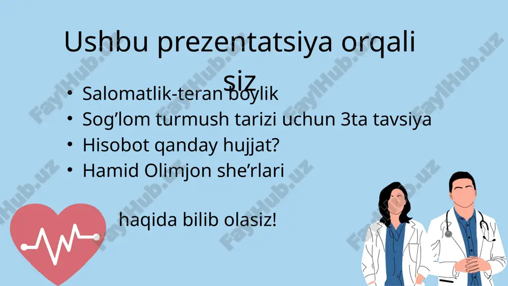ida bir tup o’rik oppoq bo’lib gulladi... novdalarni bezab g’unchalar, tongda aytdi hayot otini va shabboda qurg’ur ilk sahar olib ketdi gulning totini o’rik gullaganda har bahorda shu bo’lar takror, har bahor ham shunday o’tadi, qancha tirishsam ham u beor yellar meni aldab ketadi. mayli, deyman va qilmayman g’ash, xayolimni gulga o’rayman; har bahorga chiqqanday yakkash, baxtim bormi, deya so’rayman diqqatlaringiz uchun rahmat! image9.png image10.svg image1.png image2.svg image3.png image4.svg image5.png image6.svg image7.png image8.svg image11.png image12.svg image13.png image14.svg image15.png image16.svg image17.png image18.svg image19.png image20.svg image21.png image22.svg image23.png image24.svg image25.png image26.svg image27.png image28.svg image29.png image30.svg image31.png image32.svg image33.png image34.svg image35.png image36.png image37.svg image38.png image39.svg image40.png image41.svg image42.png image43.svg image44.png image45.svg image46.png image47.svg image48.png image49.svg image50.png image51.svg image52.png image53.svg image54.png image55.svg image56.png image57.svg image58.png image59.svg image60.png image61.png image62.png image63.png image64.svg image65.png image66.svg image67.png /docprops/thumbnail.jpeg