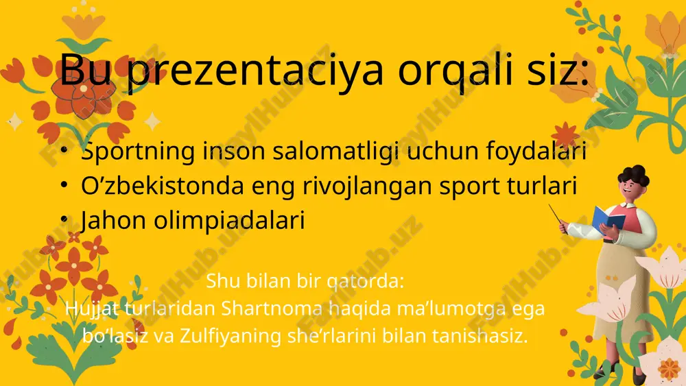 arning parvozi, yellarning nozi, baxmal vodiylarda, qirlarda bahor. qancha sevar eding, bag’rim bahorni, o’rik gullarining eding maftuni. har uyg’ongan kurtak hayot bergan kabi, ko’zlaringga surtib o’parding uni. bahor keldi seni so’roqlab. diqqatlaringiz uchun rahmat! image1.png image2.svg image11.svg image3.png image4.png image5.svg image6.png image7.svg image8.png image9.svg image10.png image12.png image13.svg image14.png image15.svg image16.png image17.svg image18.png image19.svg image20.png image21.svg image30.png image22.png image23.svg image24.png image25.svg image26.png image27.svg image28.png image29.svg image31.png image32.png image33.svg image34.png image35.svg image36.png image37.svg image38.png image39.svg image40.png image41.svg image42.png image43.svg image44.png image45.png /docprops/thumbnail.jpeg