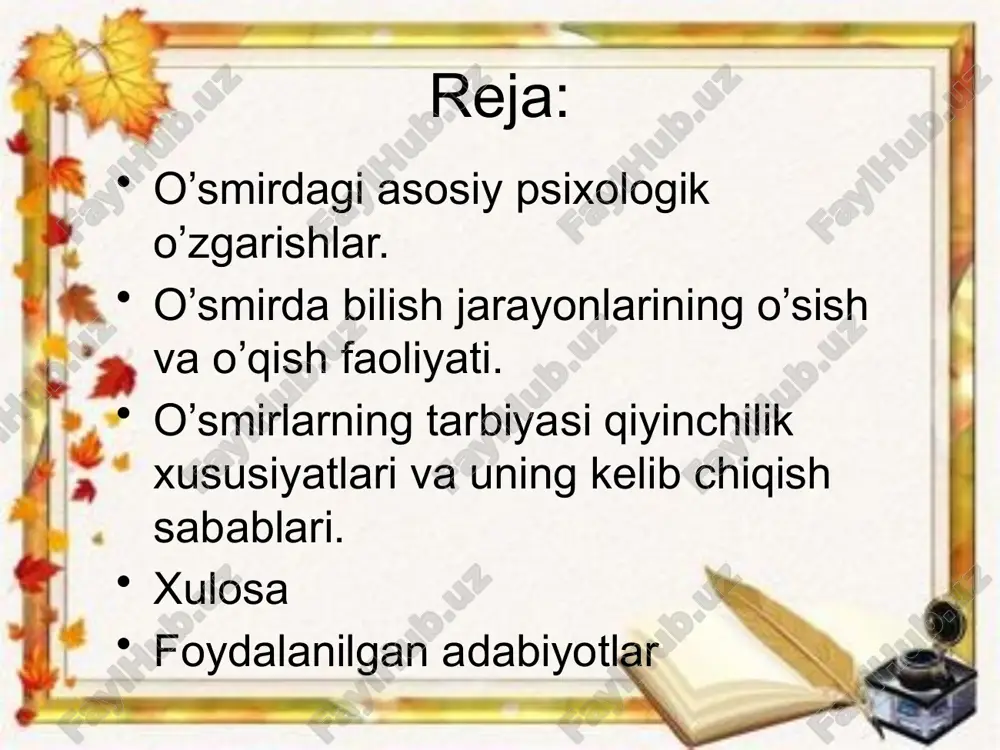 oladi. bu hissiyot kattalik hissi deb ataladi va o’smirlikdagi asosiy psixologik yangilikdir. bu his o’smirda o’ziga, atrof muhitga, odamlarga nisbatan yangi hissiy poziciyani yuzaga keltiradi. u bolalar xulq-atvorini kattalar xulqi va qadriyatlariga qayta orientaciya qila boshlaydi. o’smir o’z huquqlari doirasini kengaytiradi, kattalarni esa cheklashni xohlaydi. bilish jarayonlarining o’sishi. o’smirning qiziqishlari ortadi, bilish faoliyati maktab programmasidan tashqariga chiqadi, mustaqil o’qiy boshlaydi. uning tafakkurida tanqidiylik, mustaqillik hosil bo’ladi. o’qituvchi o’quvchilarga o’quv materiallarini taqqoslashni, mavhumlashtirishni, o’z fikrini to’g’ri, ravon va aniq ifodalash yo’lini tushuntirib berishlari lozim. o’smirlarning o’quv faoliyatida, o’quv materialini o’zlashtirish darajasida, umumiy intellektual rivojlanishida turli darajadagi o’quvchilarni uchratish mumkin. o’quv faoliyatidagi kamchiliklar kichik sinflarda bilinmagan bo’lsa, v-vi sinflarda o’zlashtirishi keskin farqlanadigan bolalar ko’zga tashlanib qoladi. o’smirlarda nazariy, formal va refleksiv tafakkur turlari shakllanadi. xotira, idrok jarayonlari ham intellektualizaciya bo’la boshlaydi, ya`ni o’smir o’quv materiallarini tushinib idrok qilish va eslab qolishni o’rgana boshlaydi. o’smirlarning o’z-o’zini anglashi sifat jihatidan o’zgaradi. o’zi haqida uylash, …