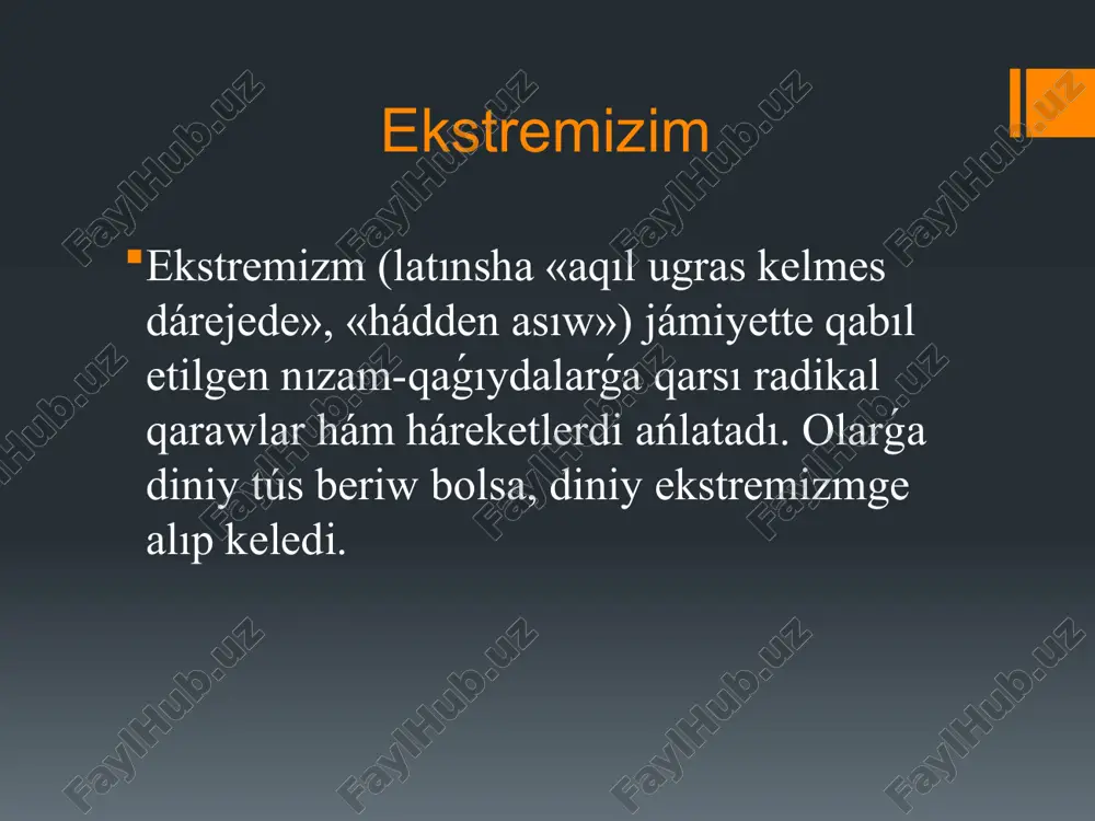 olarǵa basım ótkeriw. zorlıq - jarılıw, óltiriw, girewge alıw, órt qoyıw sıyaqlı háreketler. siyasiy yaki ideologiyalıq maqset - hákimiyattı iyelew, siyasattı ózgertiw yaki diniy dúzim ornatiwga uriniw. nızamsızlıq - terroristlik háreketler nizamlarga qarsı bolip, ayıpsız adamlarģa ziyan jetkeredi. terrorizmniń túrleri: túri sipatlaması etnikalıq terrorizm belgili bir millet mápin qorǵaw dawası menen ámelge asırıladı. diniy terrorizm diniy isenim yamasa dogmanı májbúriy tarqatıwǵa urınıw (mısalı, jihadshı toparlar). siyasiy terrorizm mámleket hákimiyatın ózgertiw yaki siyasiy basım ótkeriw maqsetinde islenedi. davlat terrorizmi mámleket tárepinen óz puqaralarına qarata zulım yaki zorlıq penen qorqıtıw. kiberterrorizm internet arqalı sociallıq sistemalarǵa qáwip salıw, maǵlıwmatlardı buzıw. belgili terroristlik háreketler mısalları: 11-sentyabr (2001) - aqshta júz bergen al-qoida tárepinen shólkemlestirilgen hújim. beslan mektebindegi girew (2004) - rossiyada júzlegen balalar girewge alınǵan. parijdegi hújimler (2015) - ishim tárepinen shólkemlestirilgen jarılıwlar hám atıspalar. terrorizmge qarsı gúresiw: xalıqaralıq birge islesiw (bmsh, nato, shbsh) arnawlı xızmetler hám nizamlar (máselen, ózbekstannıń "terrorizmge qarsı gúresiw haqqında"ǵı …